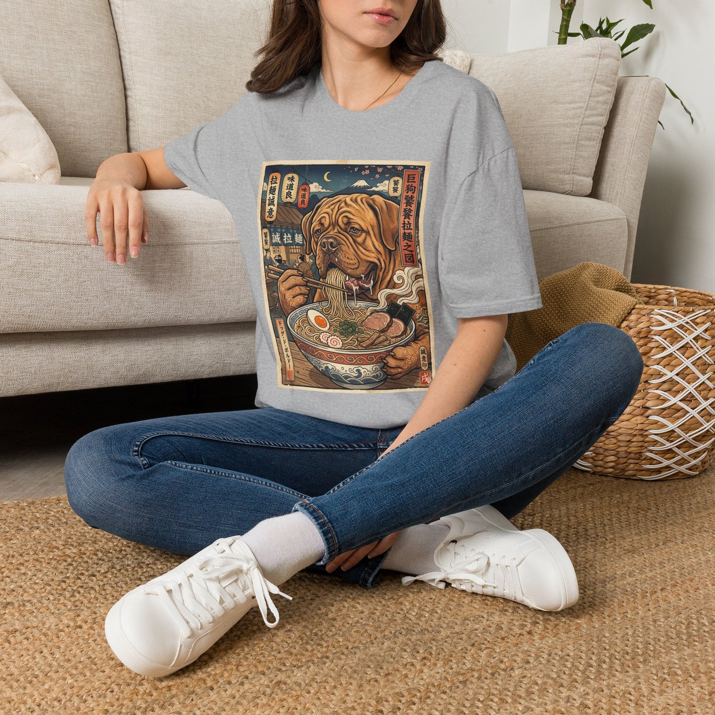 Dogue de Bordeaux Ramen Dog Graphic T-Shirt — Vintage Japanese-Inspired Noodle Bowl Tee