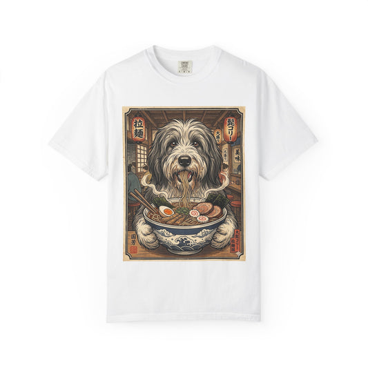 Bearded Collie Dog Eating Ramen T-Shirt | Vintage Japanese Noodle Illustration