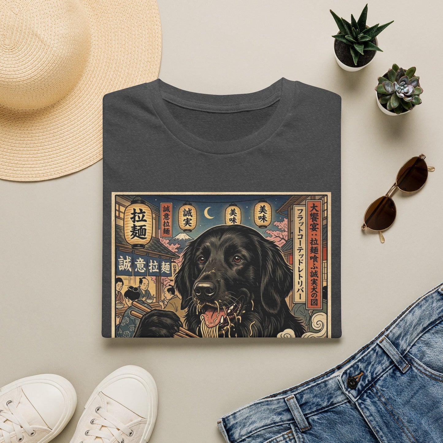 Ramen Flat-Coated Retriever T-Shirt — Vintage Japanese Dog Noodle Art Tee