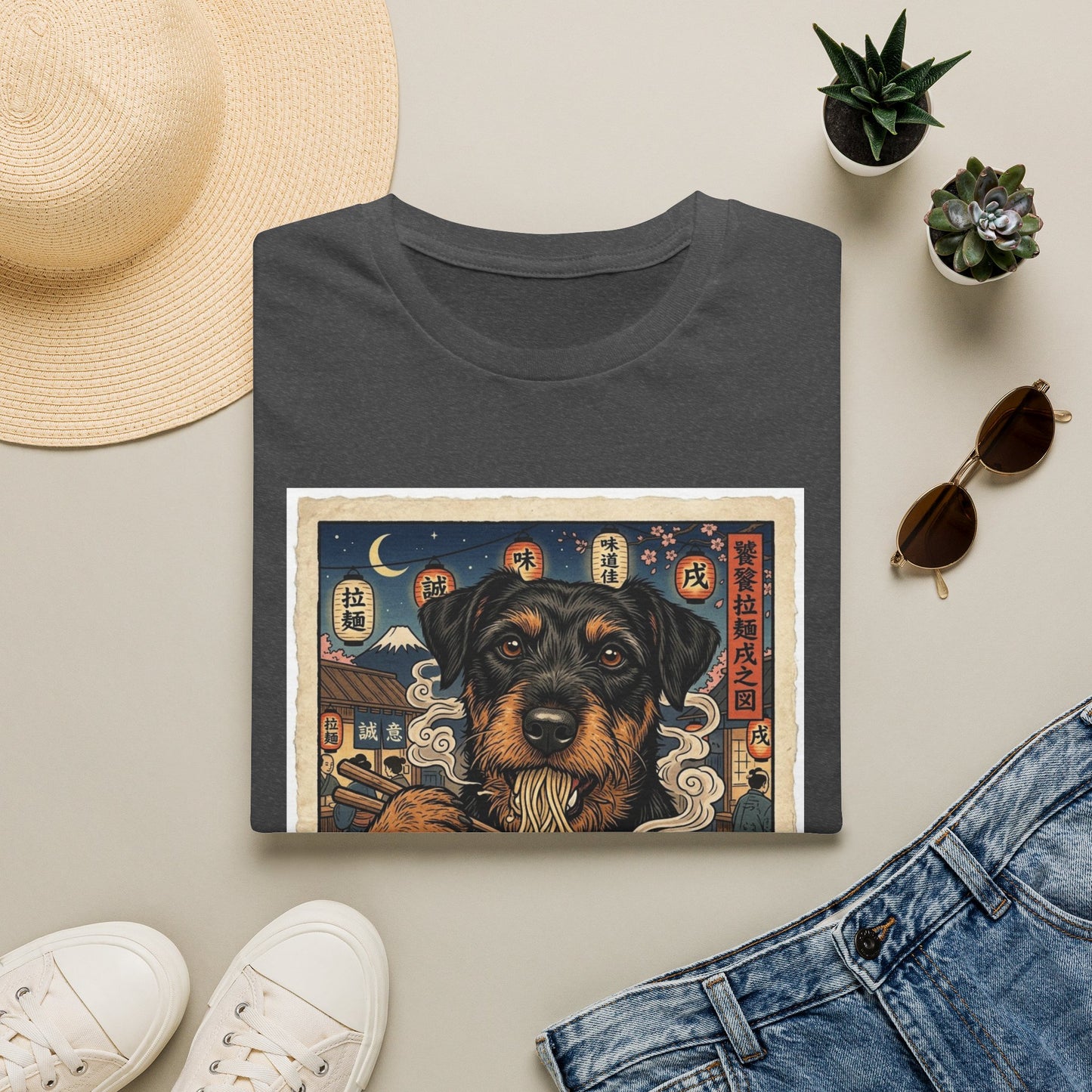 Ramen Jagdterrier Graphic T-Shirt — Vintage Asian-Inspired Dog Illustration