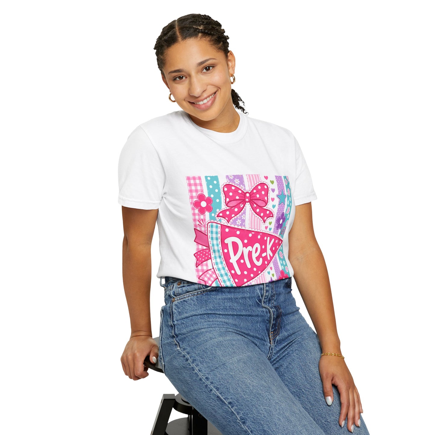 Pre-K Pennant Teacher T-Shirt | Pink Bow Floral Stripes