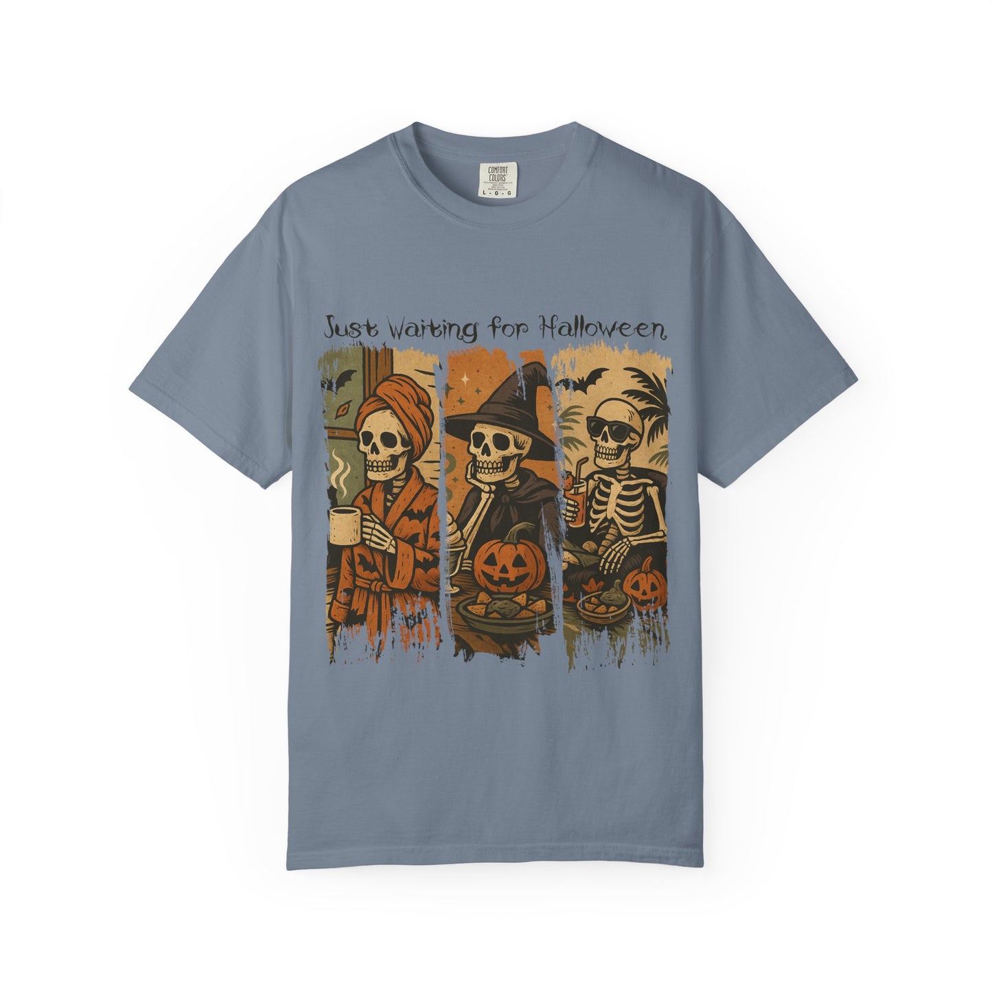 Skeleton Trio Just Waiting for Halloween T-shirt | Halloween Skull Pumpkin Tee