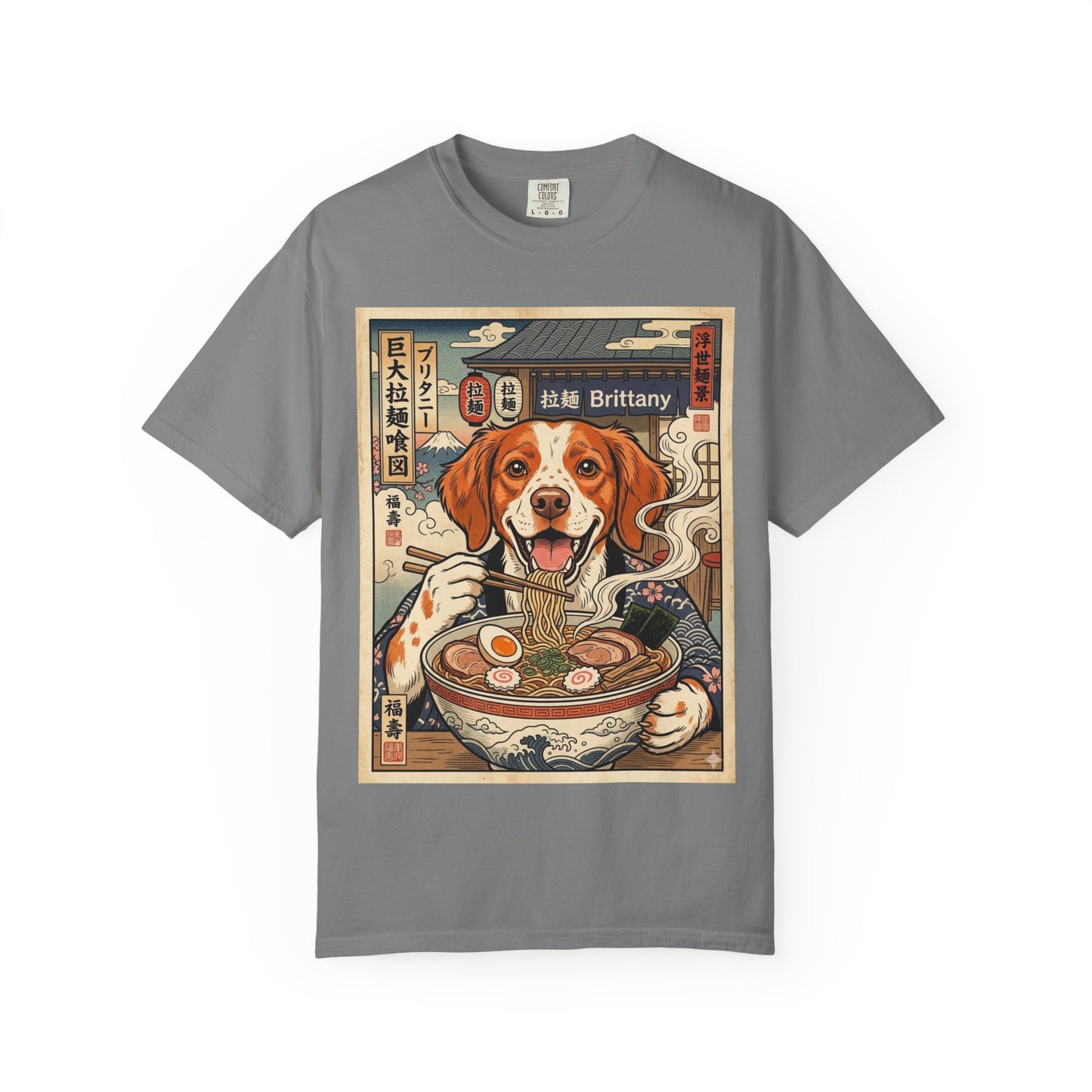 Brittany Spaniel Eating Ramen T-Shirt | Dog Ramen Illustration