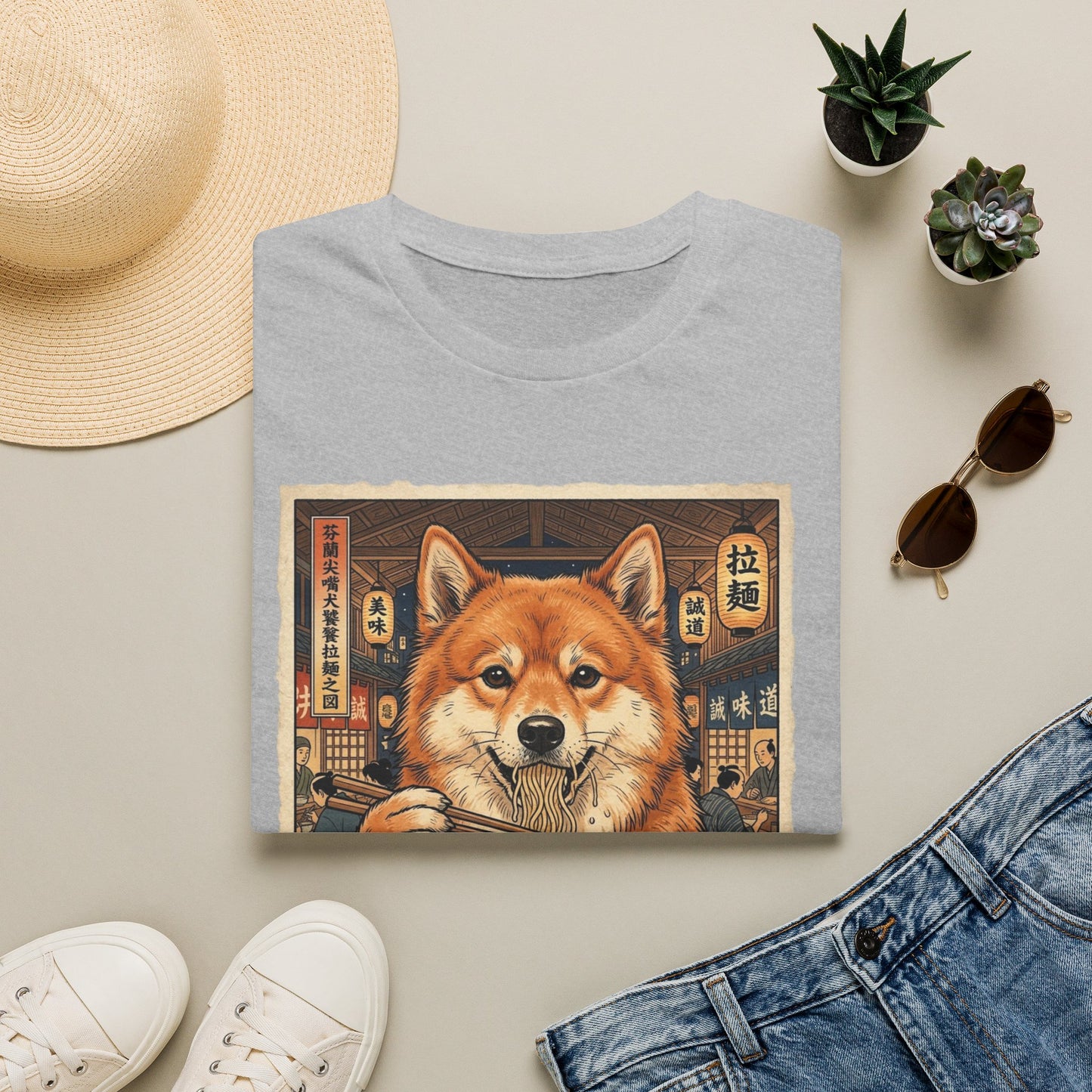 Finnish Spitz Ramen Tee — Cute Dog Eating Noodles Graphic T-Shirt