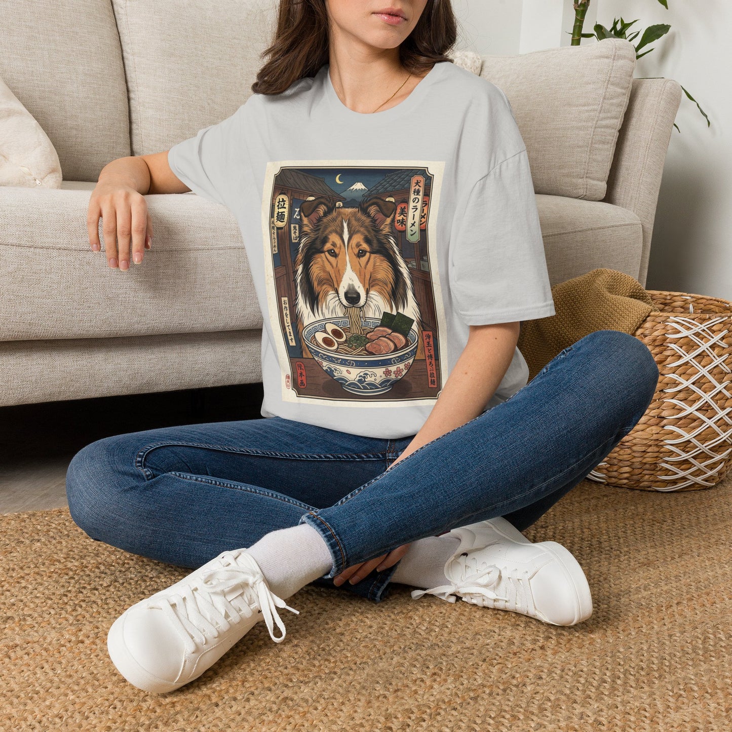 Collie Ramen Illustration T-Shirt | Japanese Street Night Scene