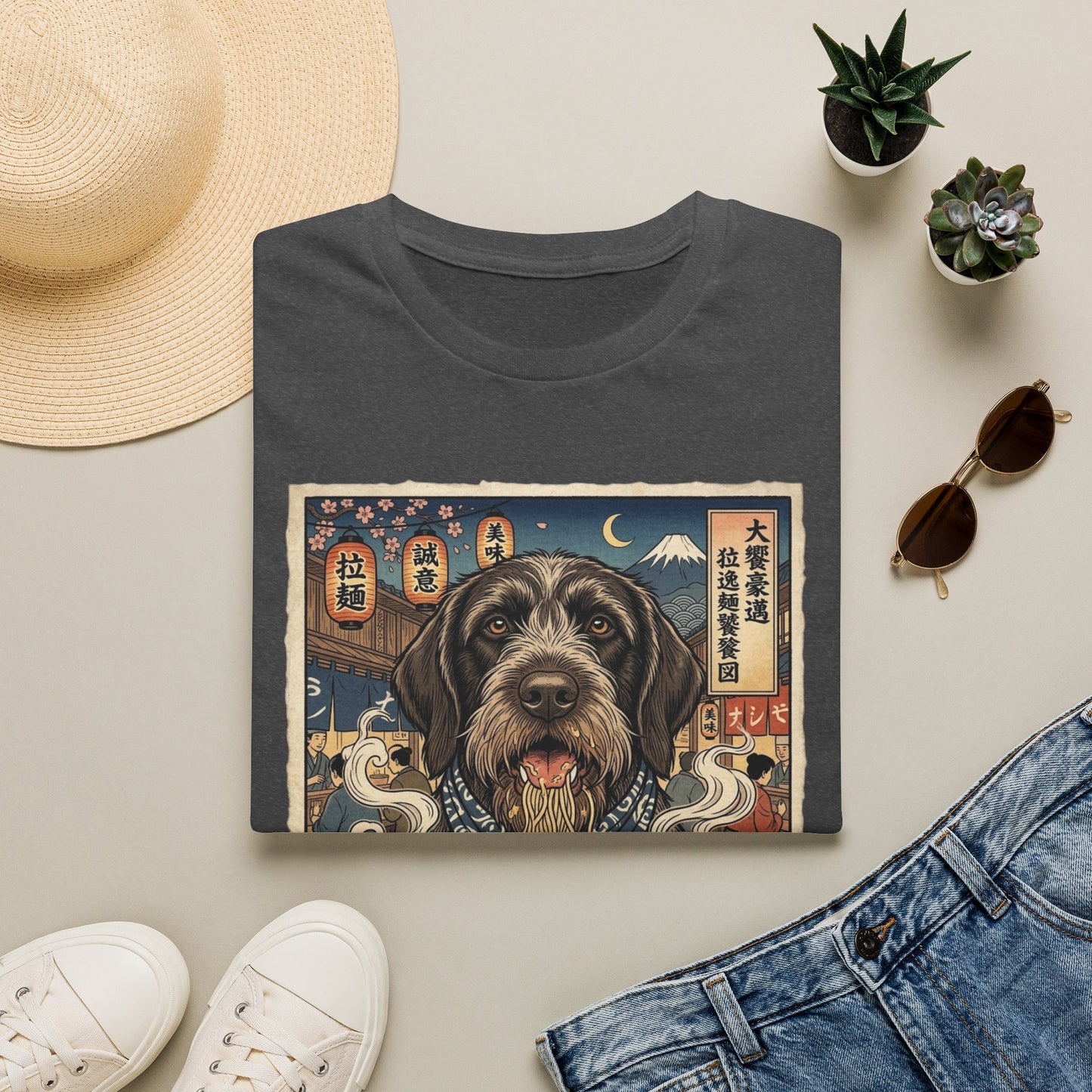 German Wirehaired Pointer Ramen Shop T‑Shirt — Vintage Japanese Dog Illustration