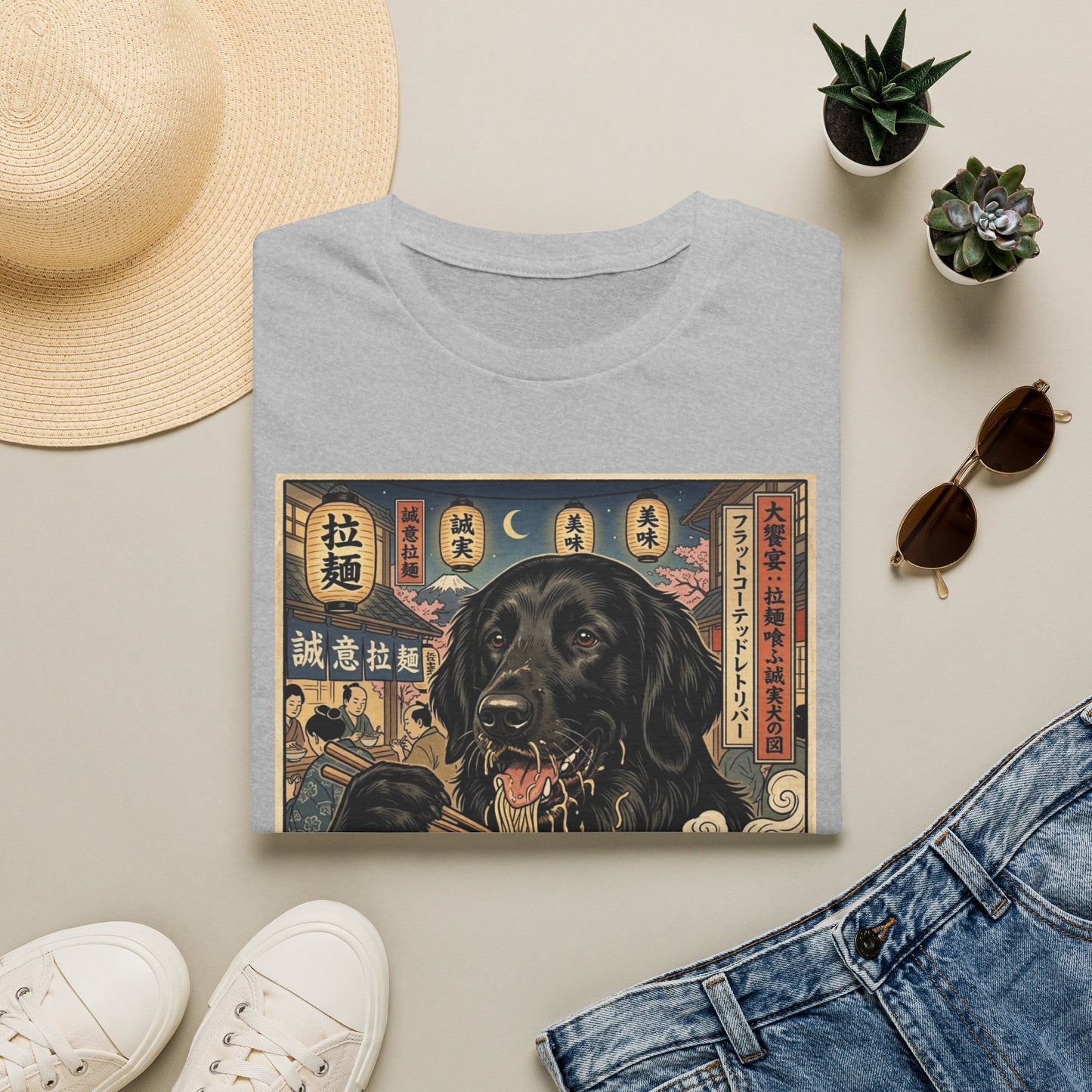 Ramen Flat-Coated Retriever T-Shirt — Vintage Japanese Dog Noodle Art Tee
