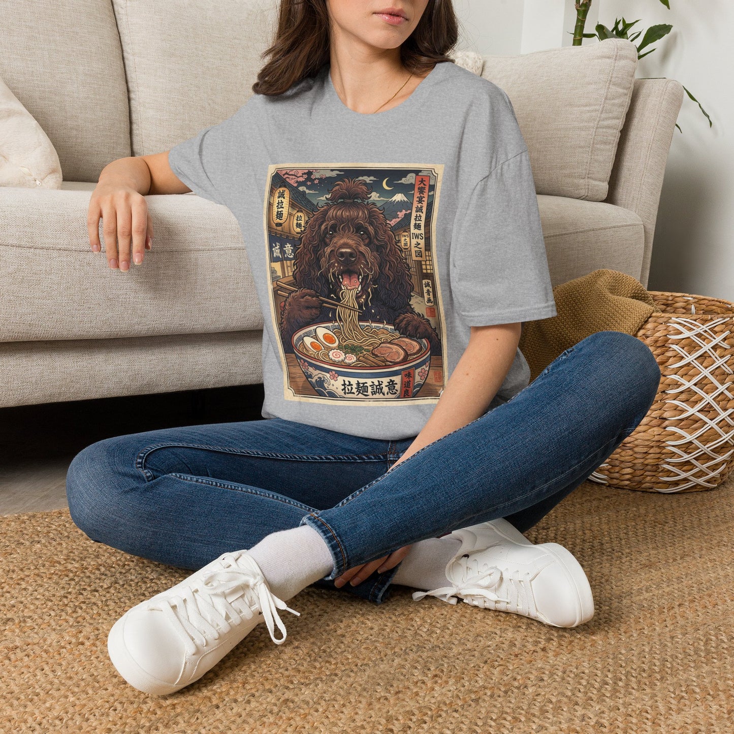 Ramen Irish Water Spaniel T-Shirt — Vintage Japanese Dog Eating Ramen Graphic Tee