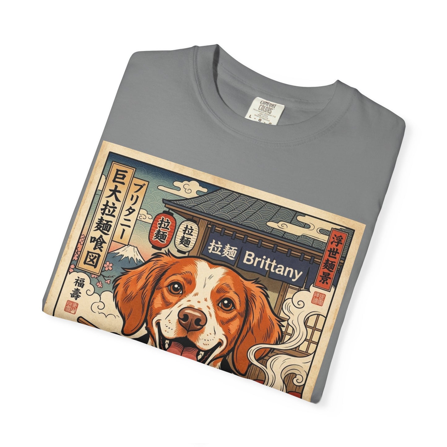 Brittany Spaniel Eating Ramen T-Shirt | Dog Ramen Illustration
