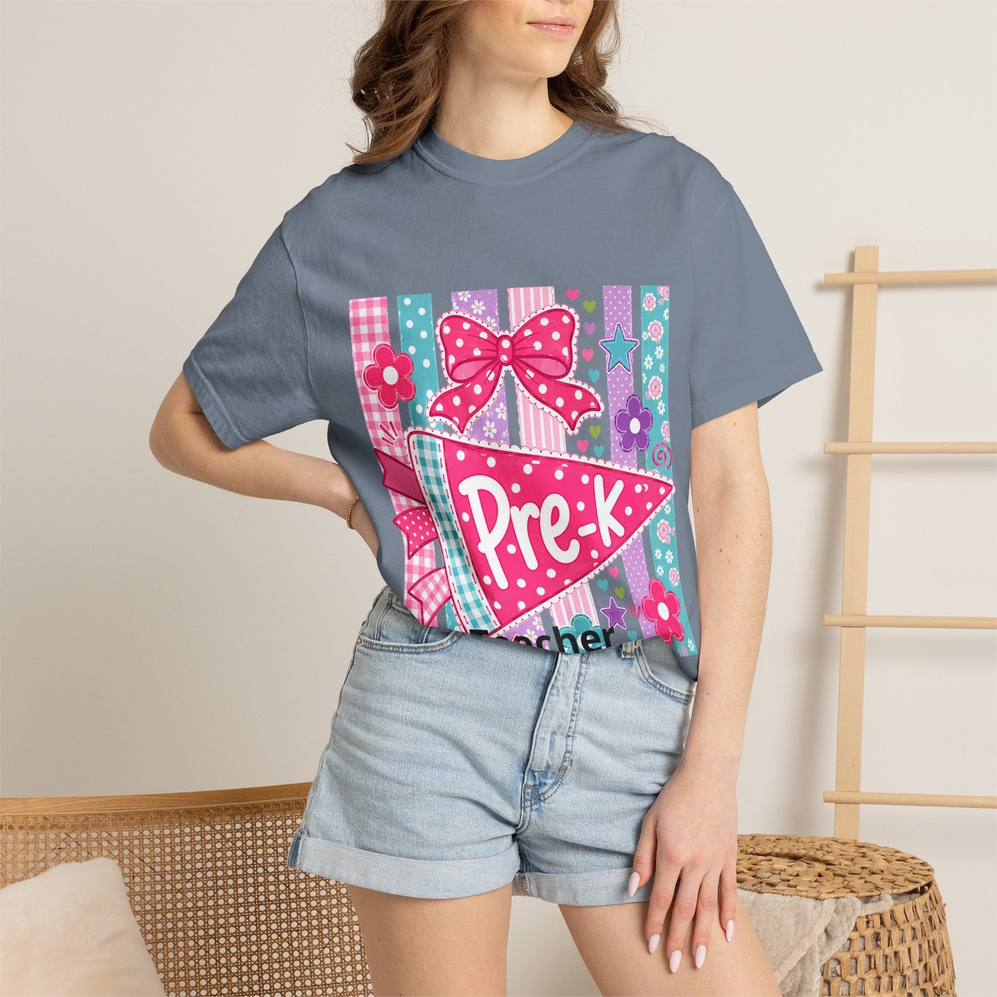 Pre-K Pennant  T-Shirt | Pink Bow Floral Stripes teacher tee