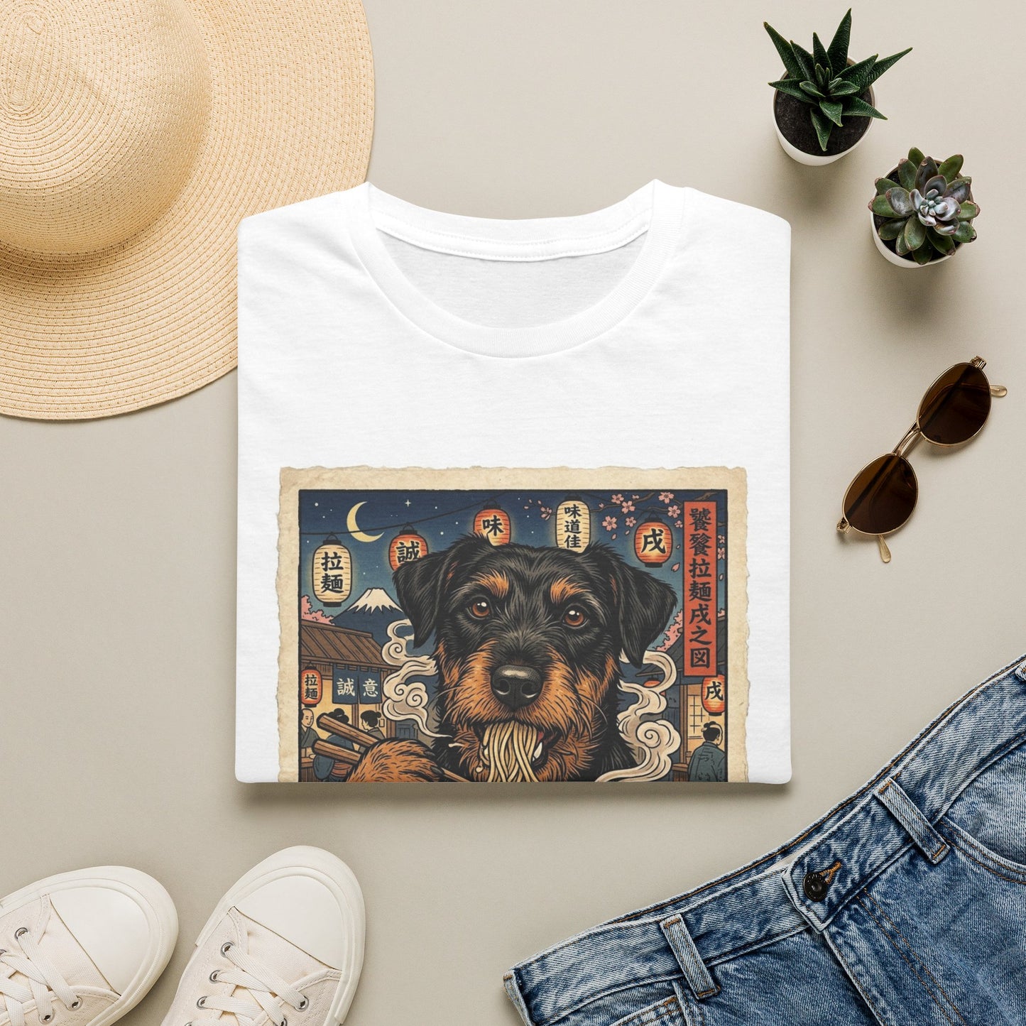 Ramen Jagdterrier Graphic T-Shirt — Vintage Asian-Inspired Dog Illustration