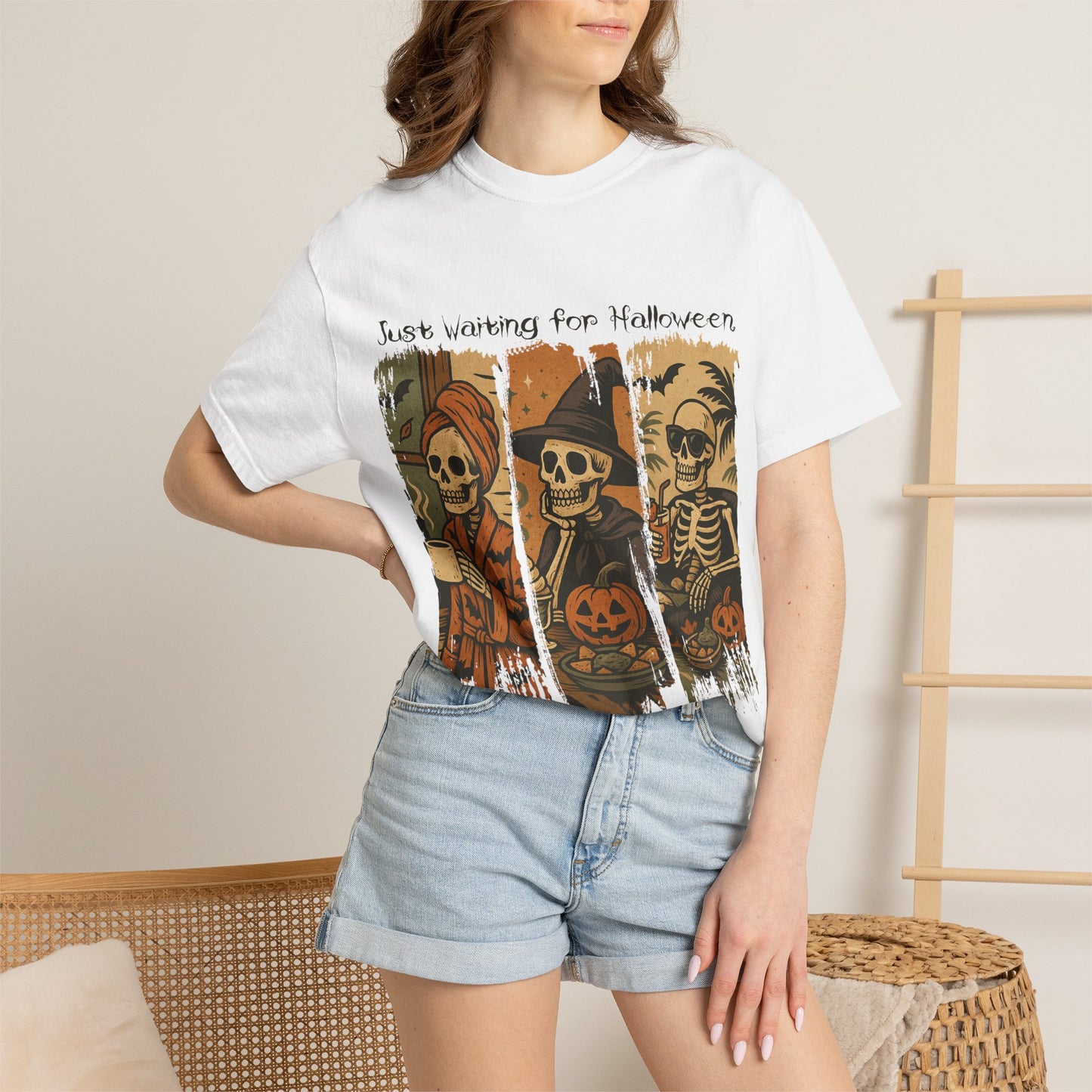Skeleton Trio Just Waiting for Halloween T-shirt | Halloween Skull Pumpkin Tee