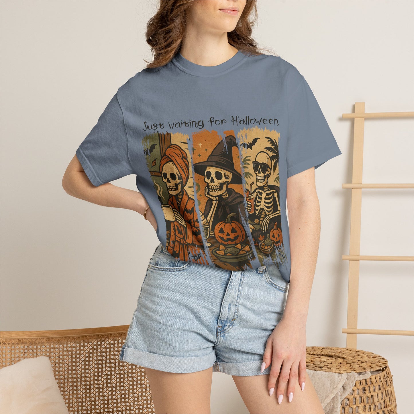 Skeleton Trio Just Waiting for Halloween T-shirt | Halloween Skull Pumpkin Tee
