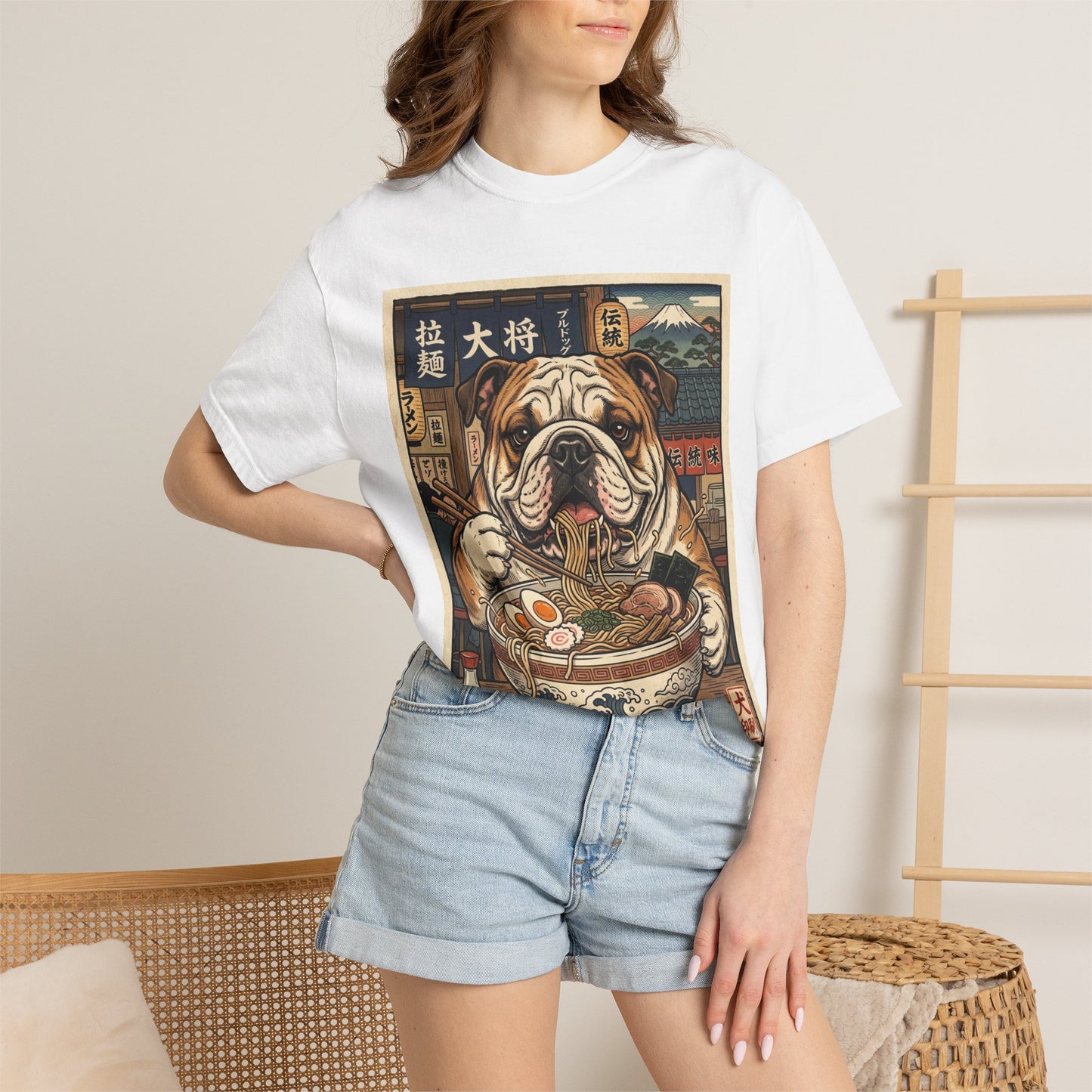 Bulldog Eating Ramen T-shirt | Dog Noodle Illustration