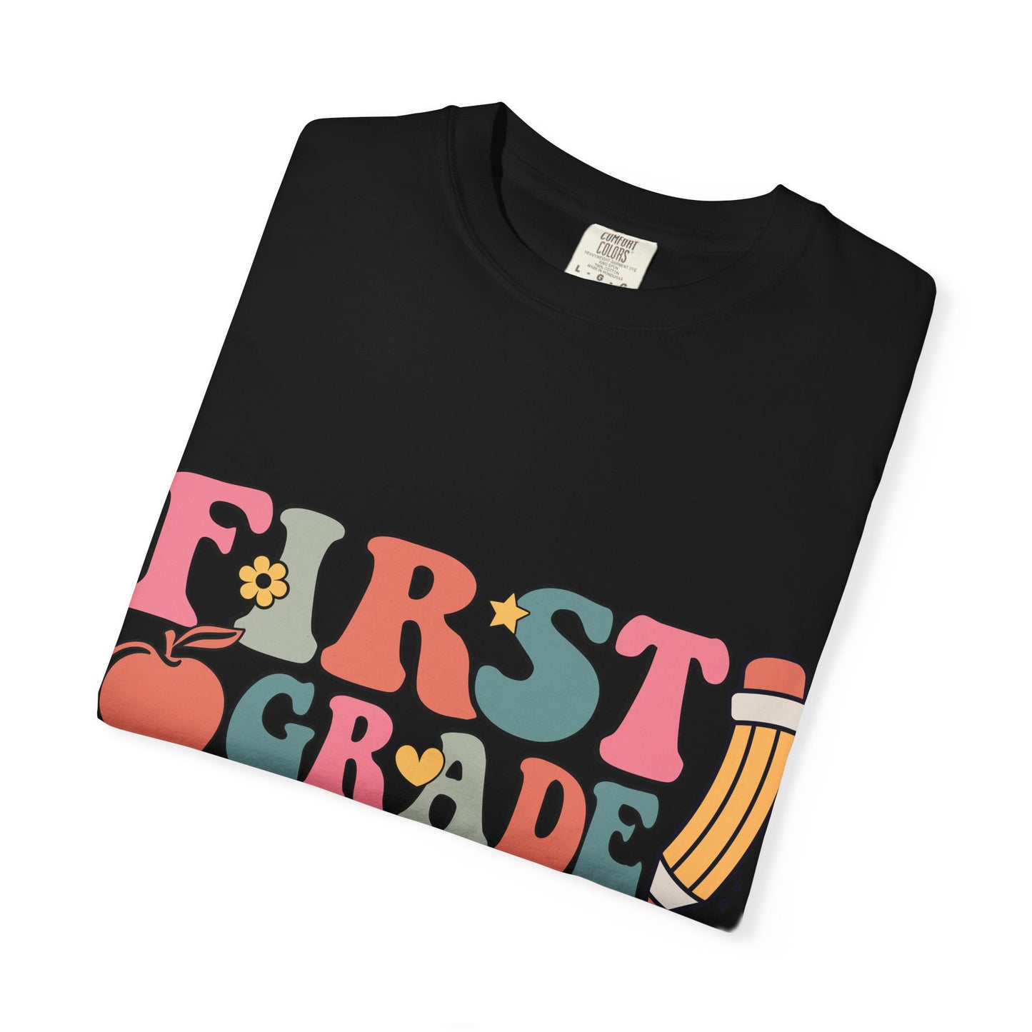 First Grade Teacher T-shirt | Colorful Retro Text, Pencil & Stars