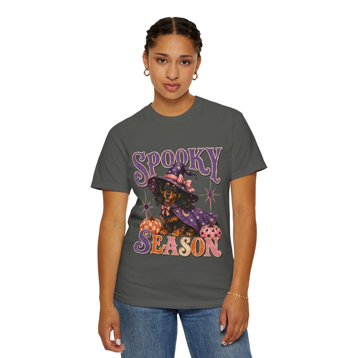 Spooky Season Witch Dachshund T-shirt | Halloween Pumpkin Graphic