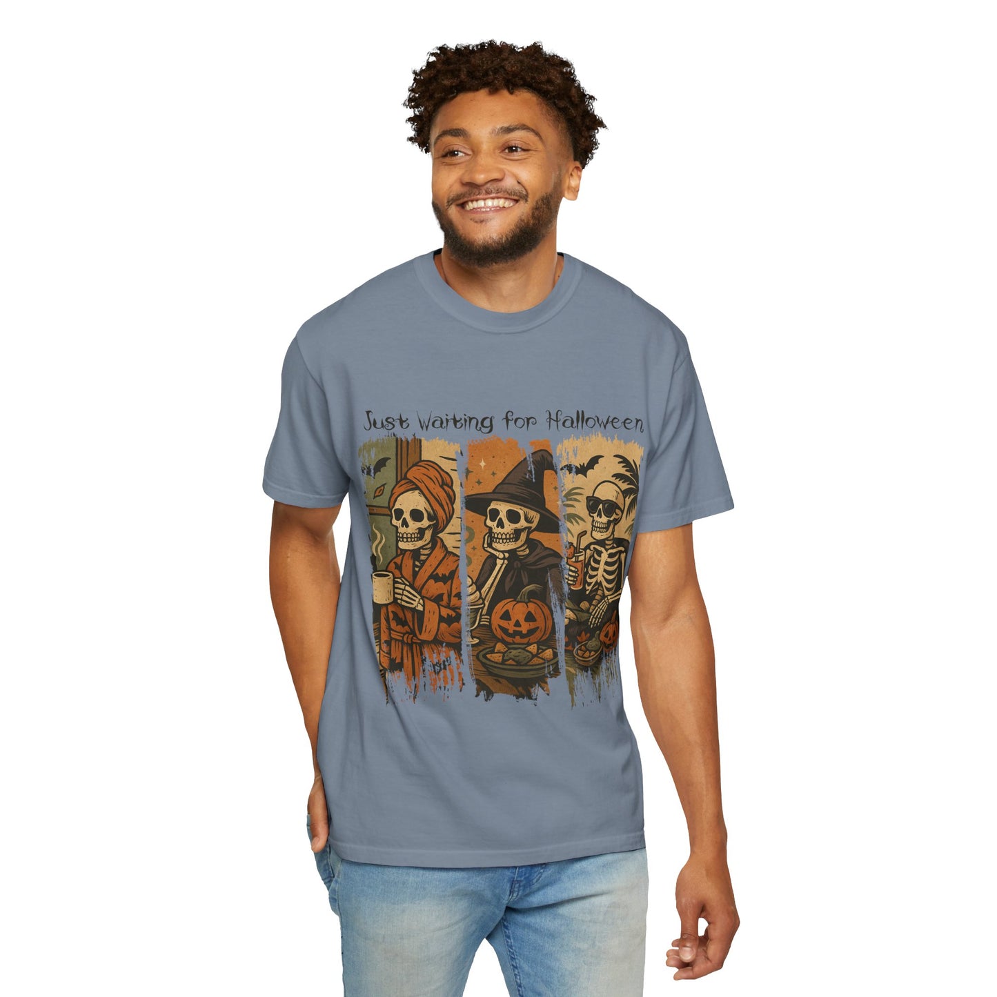 Skeleton Trio Just Waiting for Halloween T-shirt | Halloween Skull Pumpkin Tee