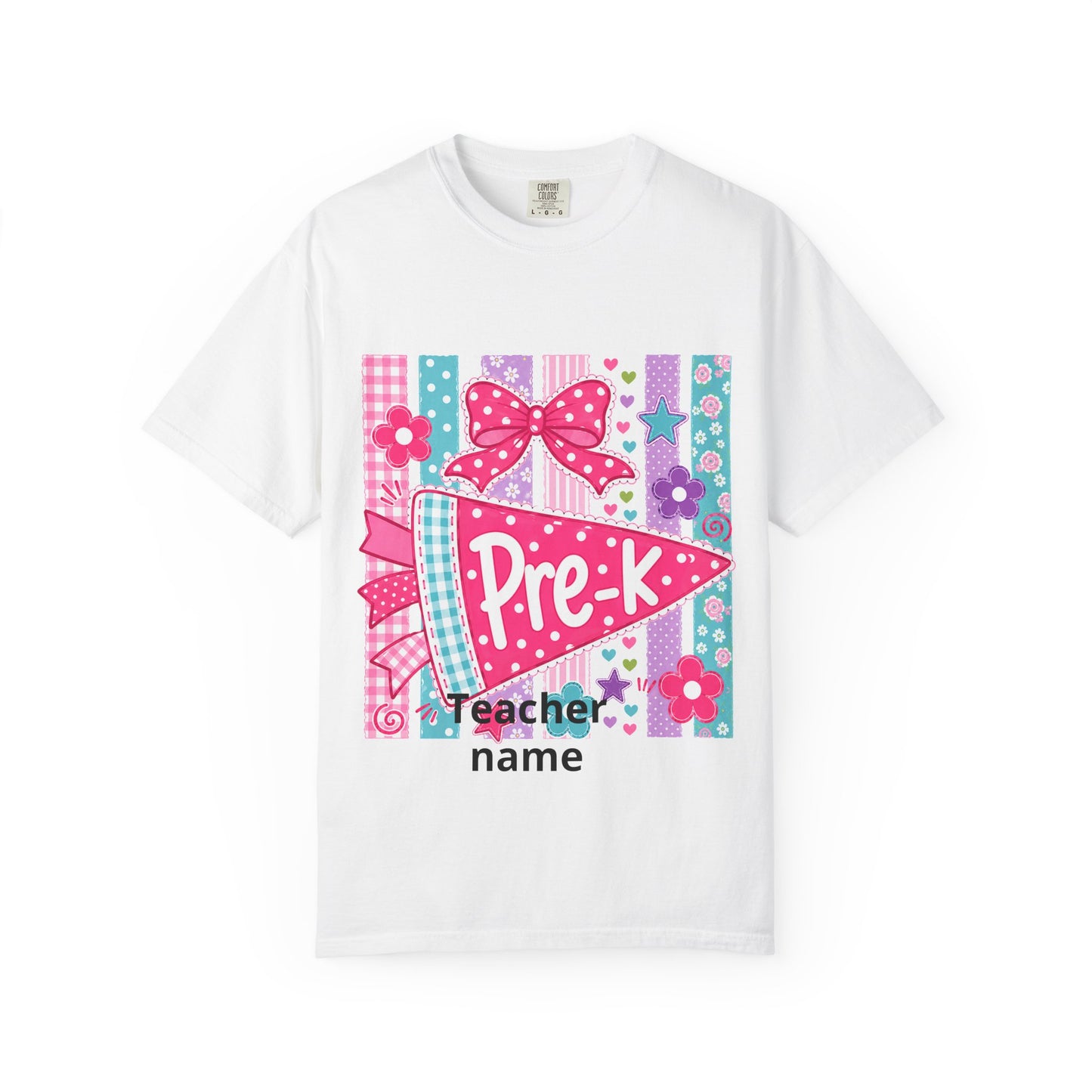 Pre-K Pennant Teacher T-Shirt | Pink Bow Floral Stripes