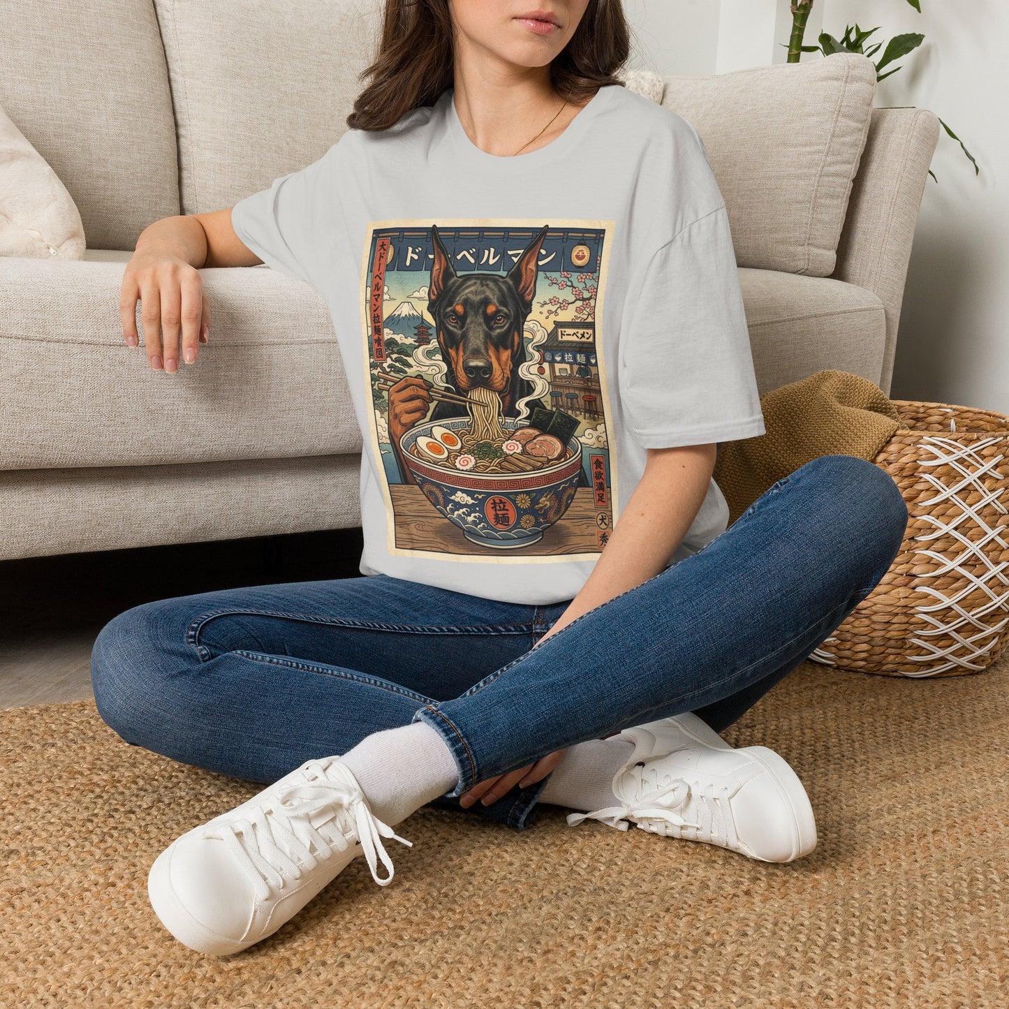 Doberman Ramen Bowl T-Shirt | Vintage Japanese Dog Art