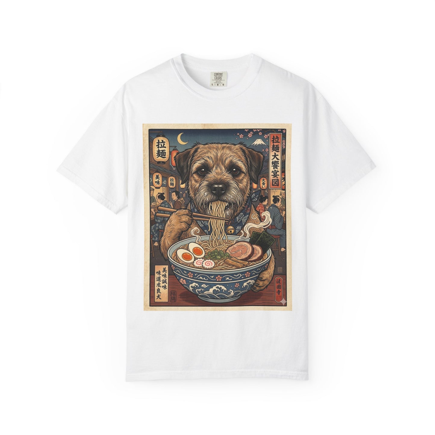 Border Terrier Dog Eating Ramen T-Shirt | Vintage Japanese Food Illustration