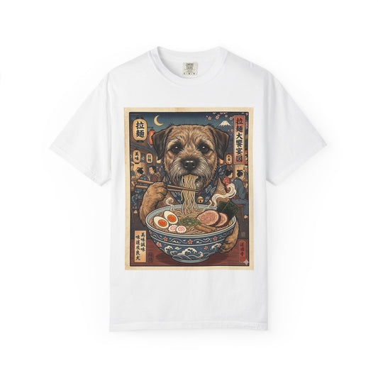 Border Terrier Dog Eating Ramen T-Shirt | Vintage Japanese Food Illustration