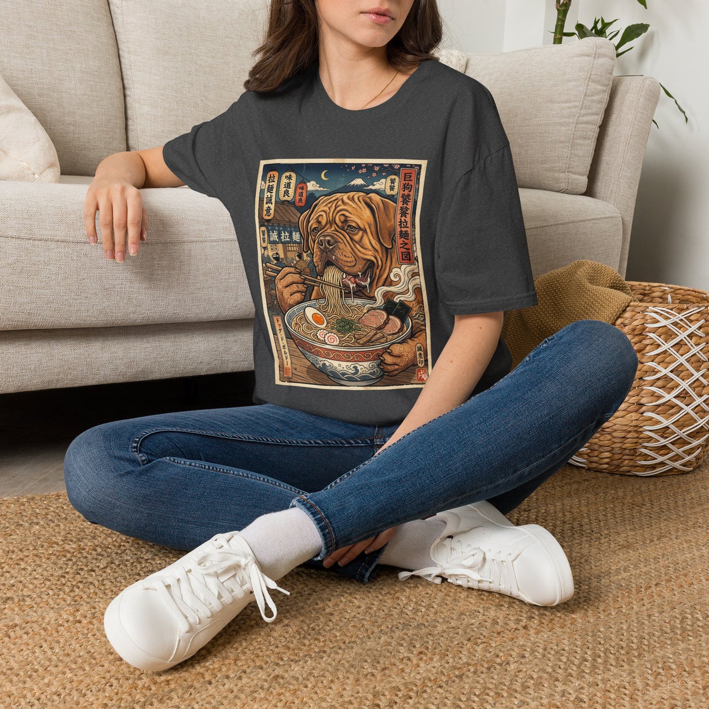 Dogue de Bordeaux Ramen Dog Graphic T-Shirt — Vintage Japanese-Inspired Noodle Bowl Tee