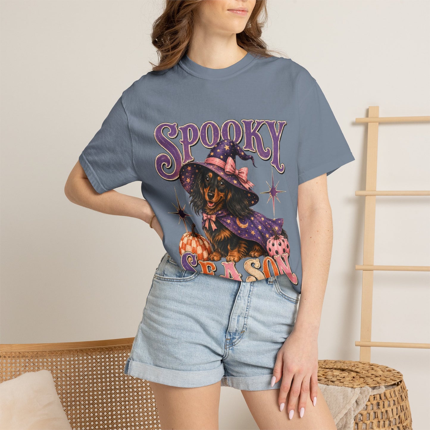 Spooky Season Witch Dachshund T-shirt | Halloween Pumpkin Graphic