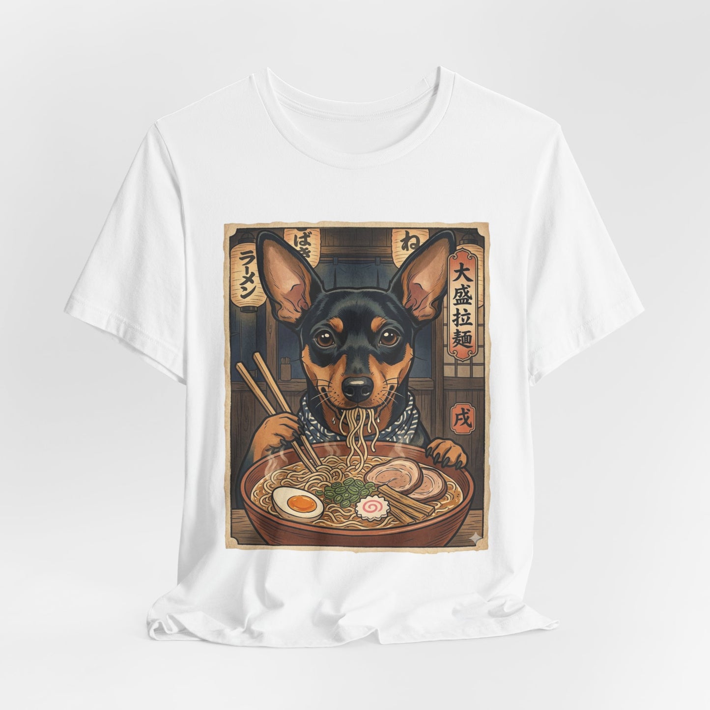 Ramen Dog T-Shirt — Cute Miniature Pinscher Slurping Ramen Graphic Tee