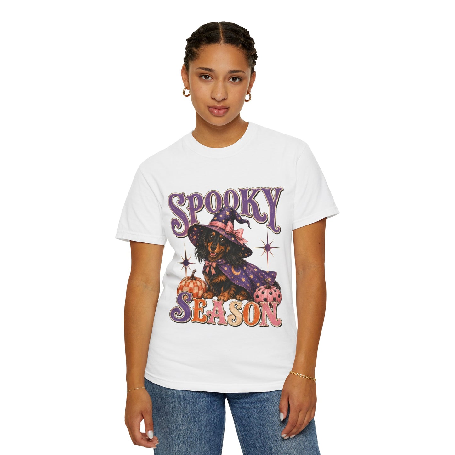 Spooky Season Witch Dachshund T-shirt | Halloween Pumpkin Graphic