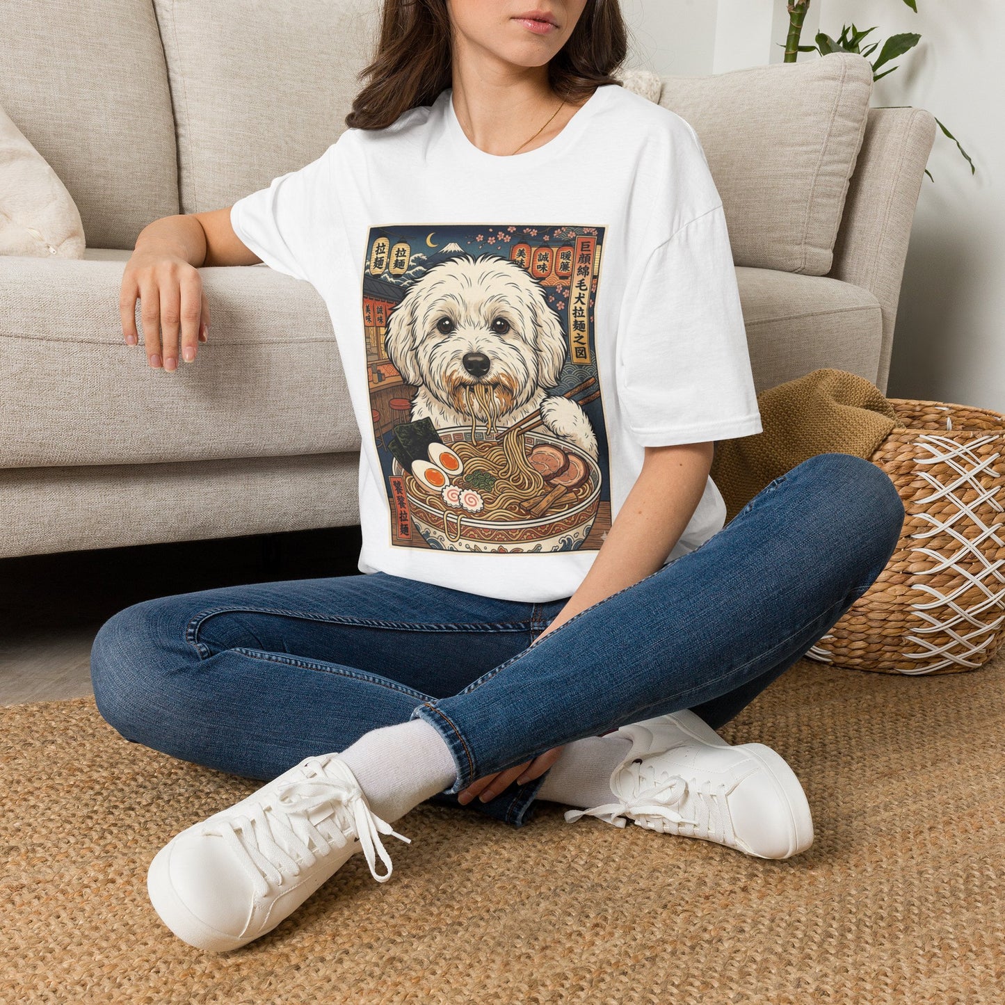 Coton de Tulear Ramen Dog Illustration T-Shirt | Cute Noodle Shop Artwork