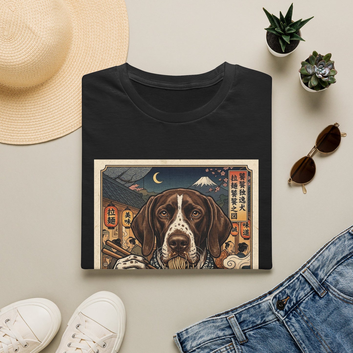 Japanese Ramen Dog T-Shirt — Retro Ukiyo-e Style Japanese Ramen Dog T-Shirt — Retro Ukiyo-e Style German Shorthaired Pointer Noodle Art Noodle Art