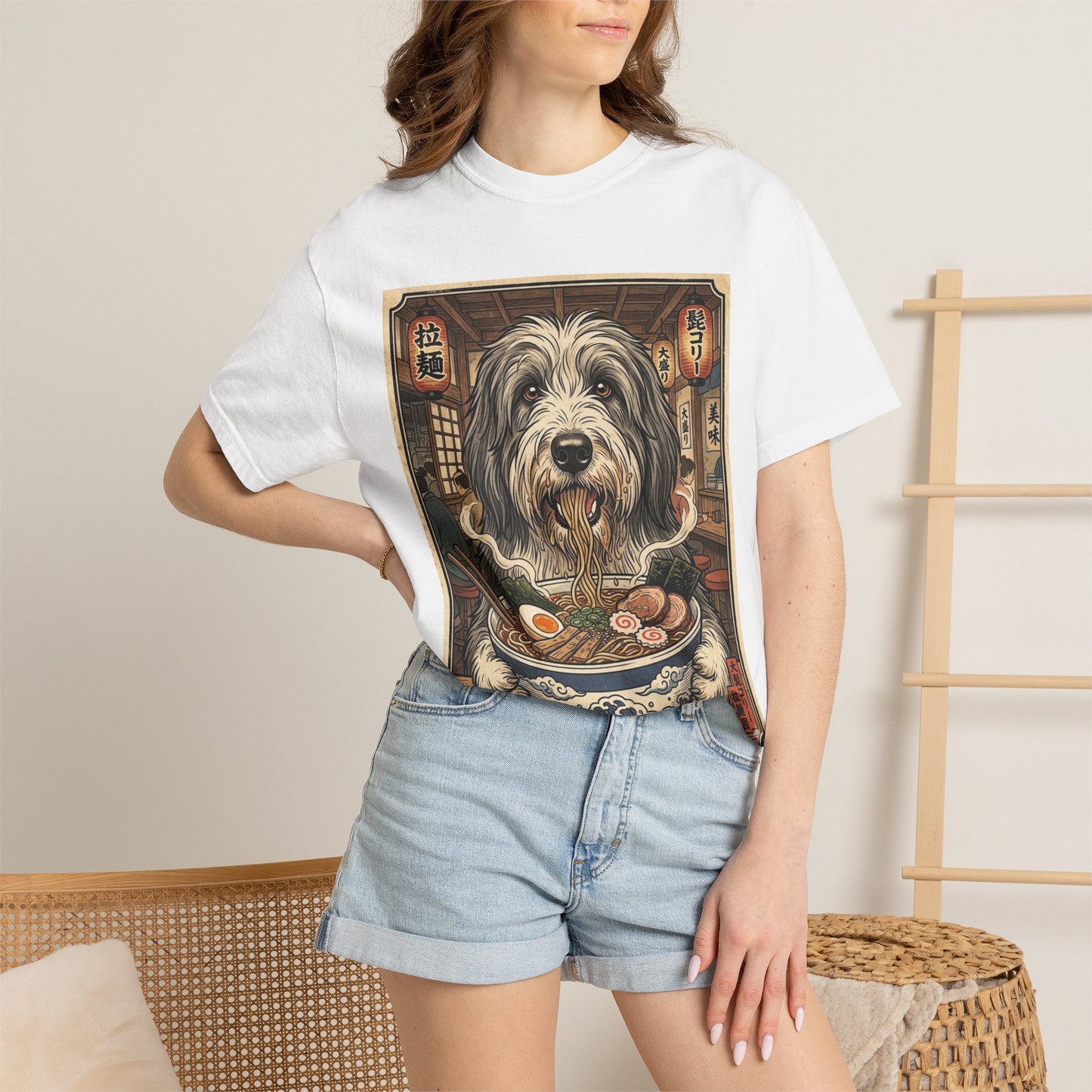 Bearded Collie Dog Eating Ramen T-Shirt | Vintage Japanese Noodle Illustration