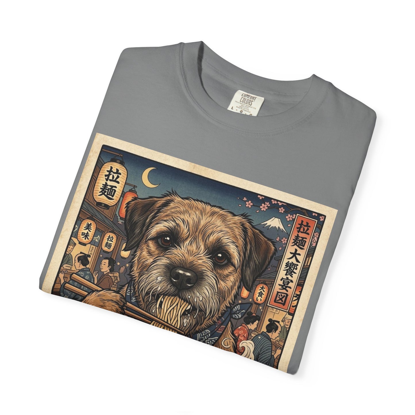 Border Terrier Dog Eating Ramen T-Shirt | Vintage Japanese Food Illustration