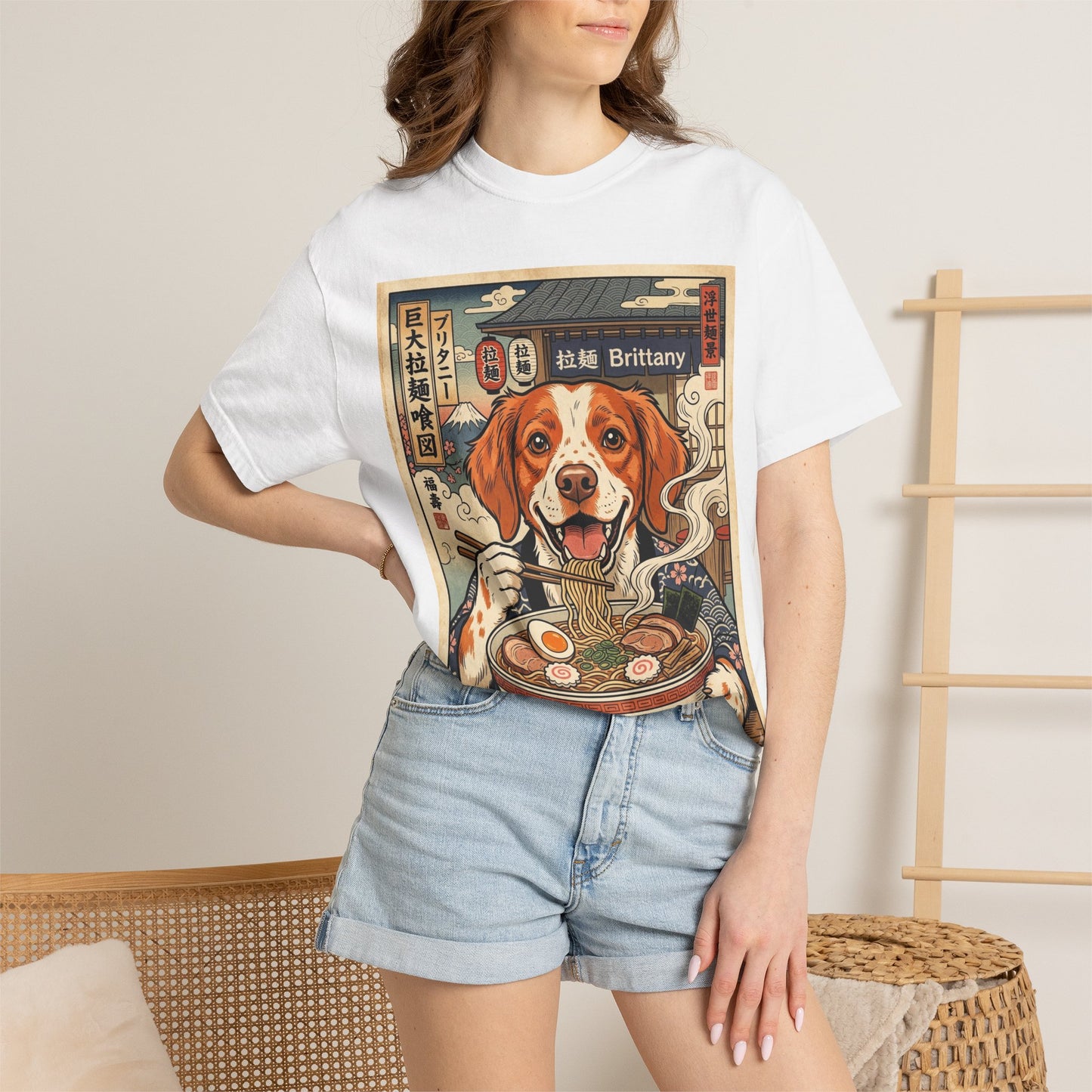 Brittany Spaniel Eating Ramen T-Shirt | Dog Ramen Illustration