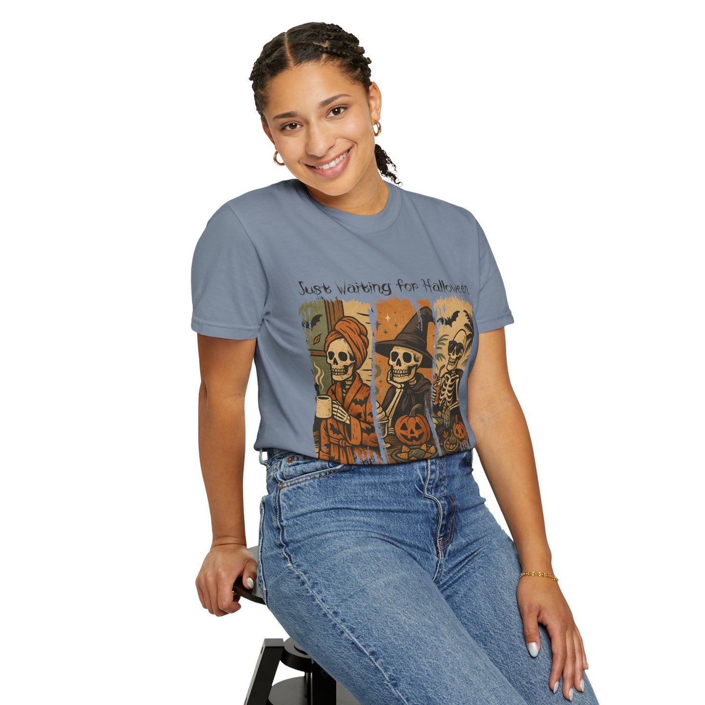 Skeleton Trio Just Waiting for Halloween T-shirt | Halloween Skull Pumpkin Tee