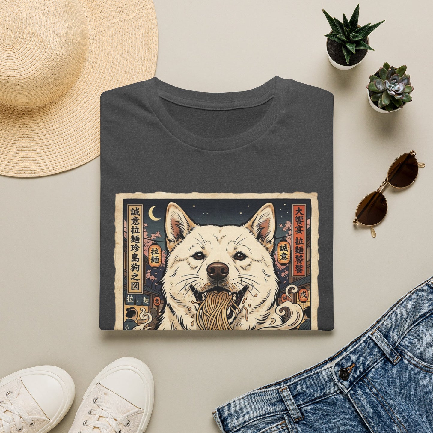 Ramen Dog T-Shirt — Cute Korean Jindo Dog Slurping Noodles Graphic Tee