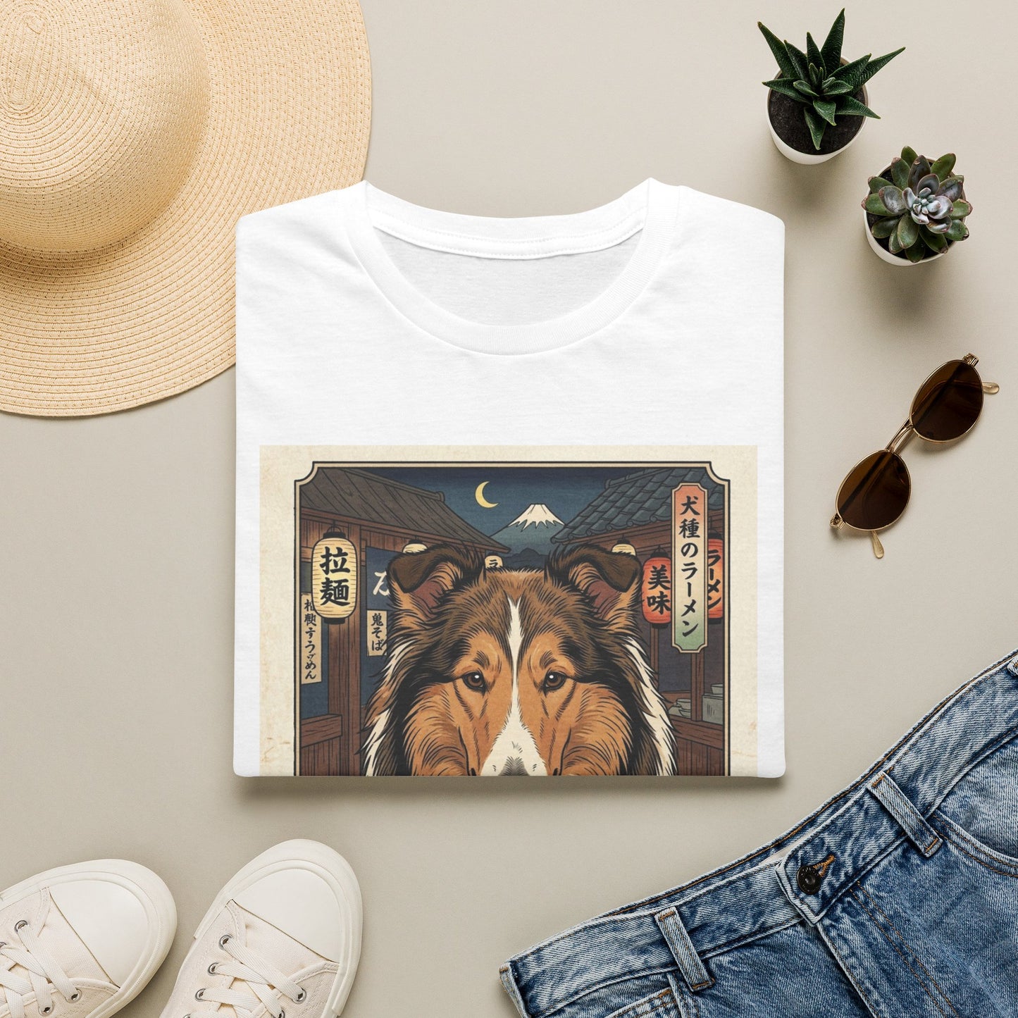 Collie Ramen Illustration T-Shirt | Japanese Street Night Scene