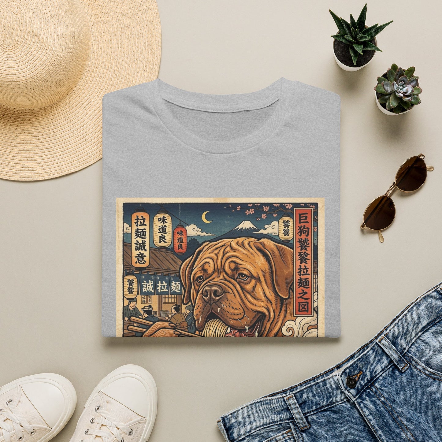 Dogue de Bordeaux Ramen Dog Graphic T-Shirt — Vintage Japanese-Inspired Noodle Bowl Tee