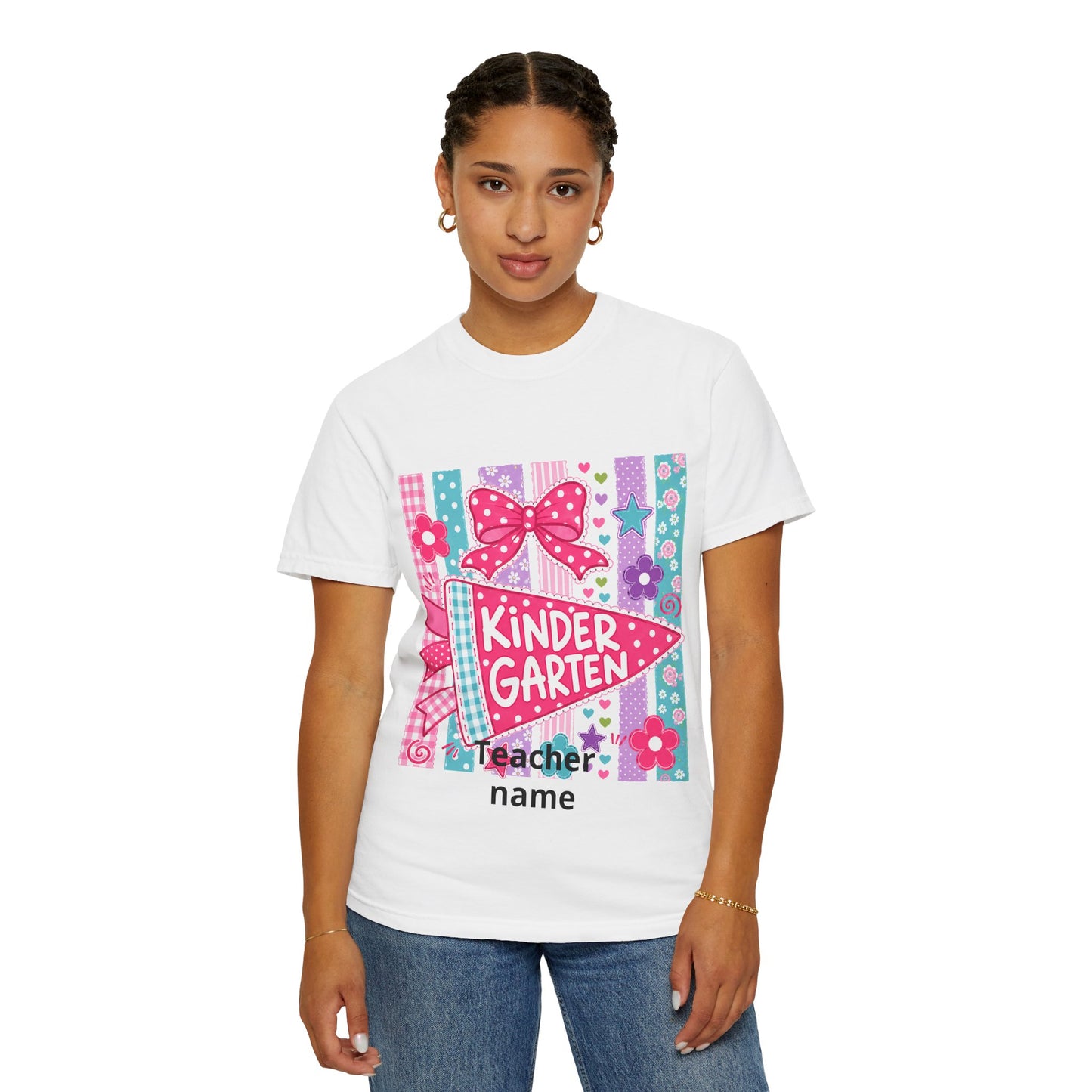 Kindergarten Pennant T-shirt | Cute School Bow Flowers Teacher Tee