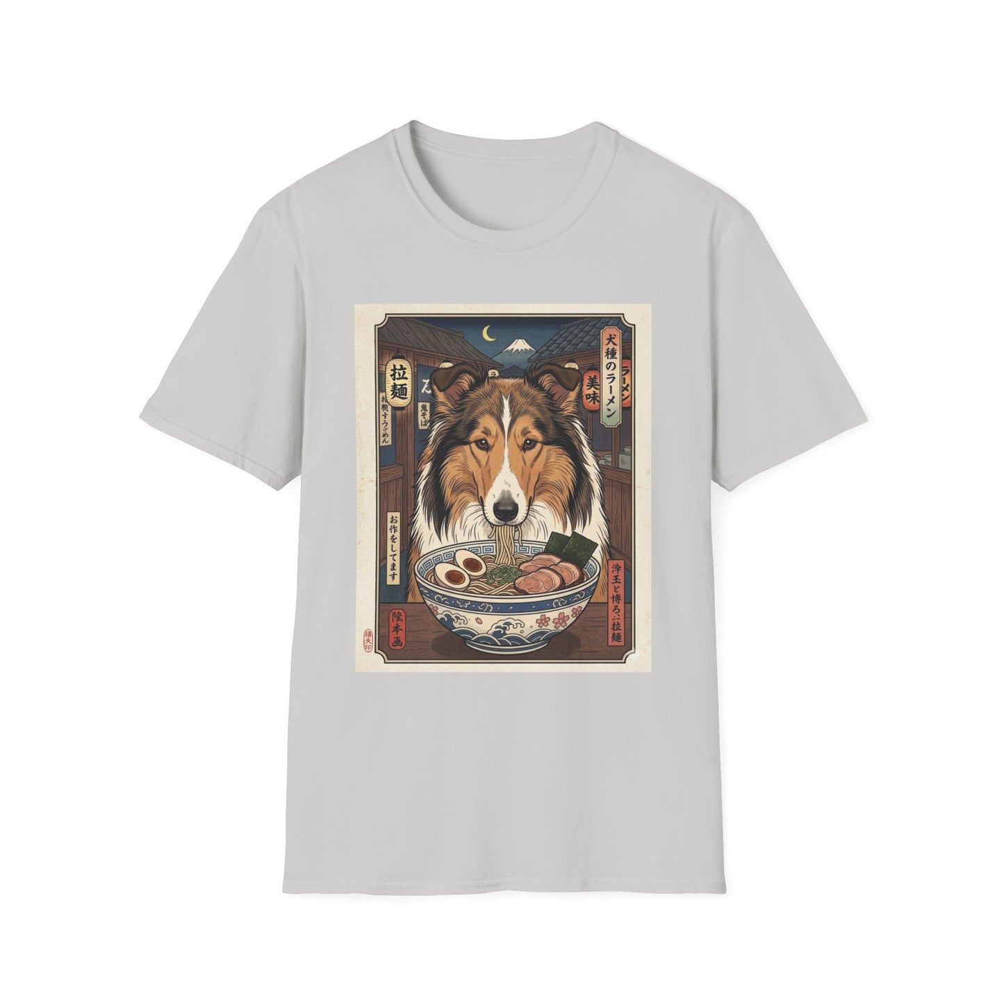 Collie Ramen Illustration T-Shirt | Japanese Street Night Scene