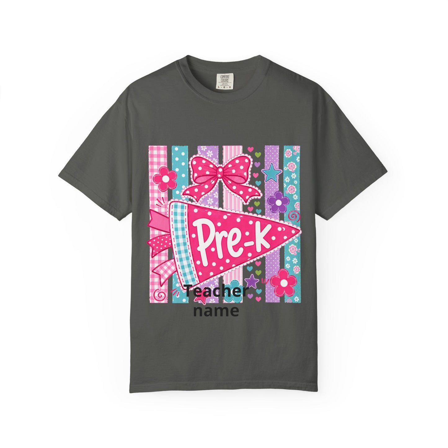 Pre-K Pennant Teacher T-Shirt | Pink Bow Floral Stripes