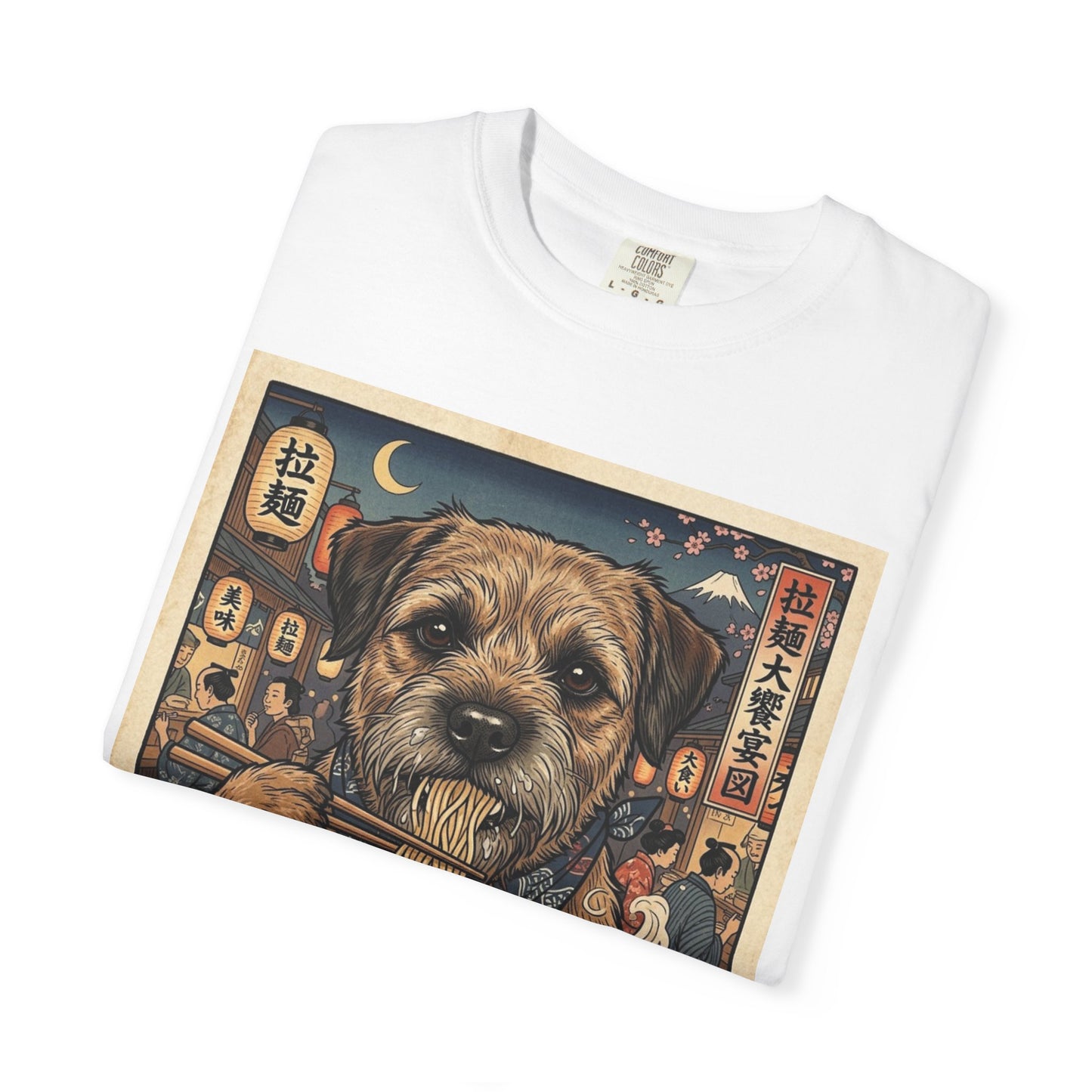 Border Terrier Dog Eating Ramen T-Shirt | Vintage Japanese Food Illustration