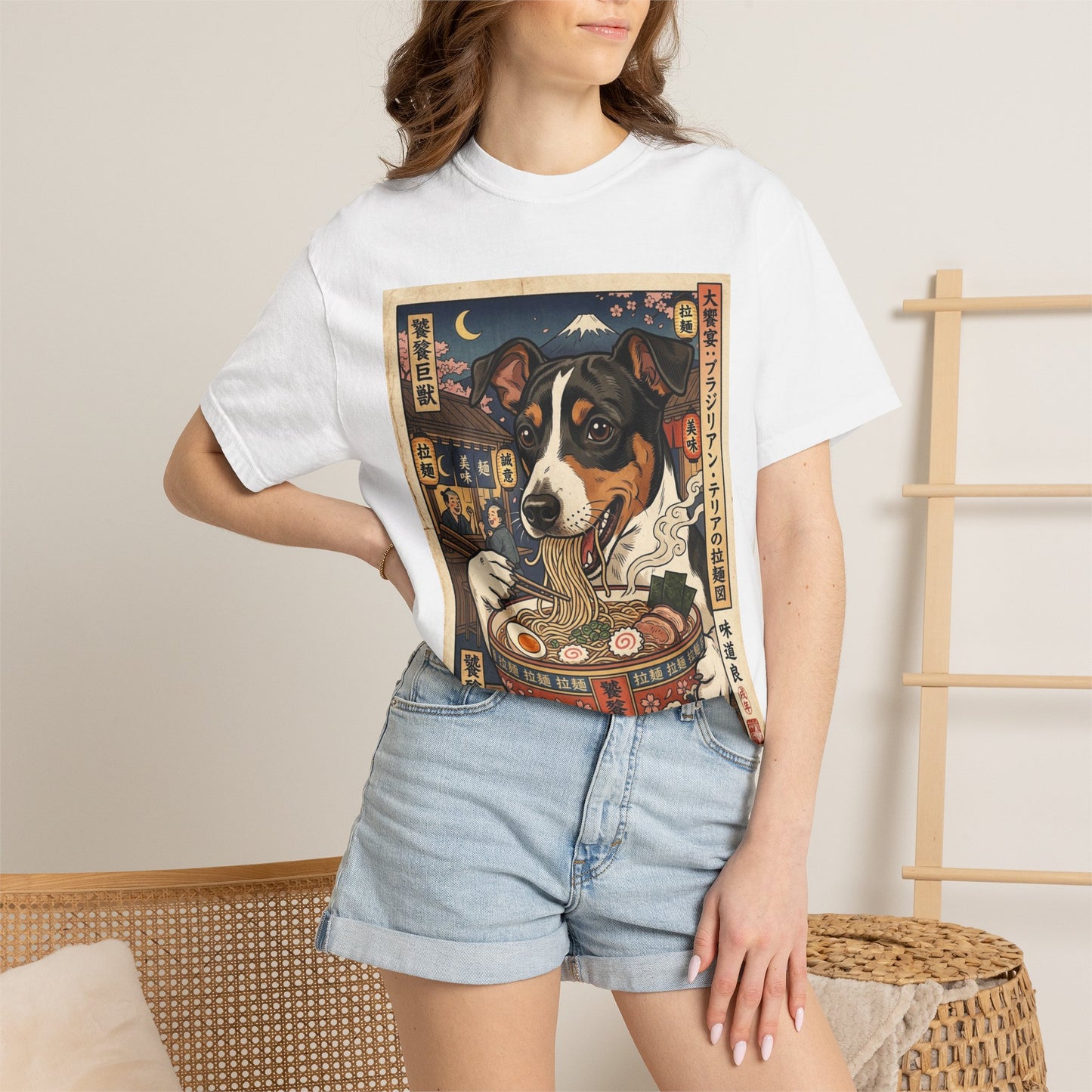 Brazilian Terrier Dog Eating Ramen T-shirt | Vintage Japanese Ukiyo-e Style