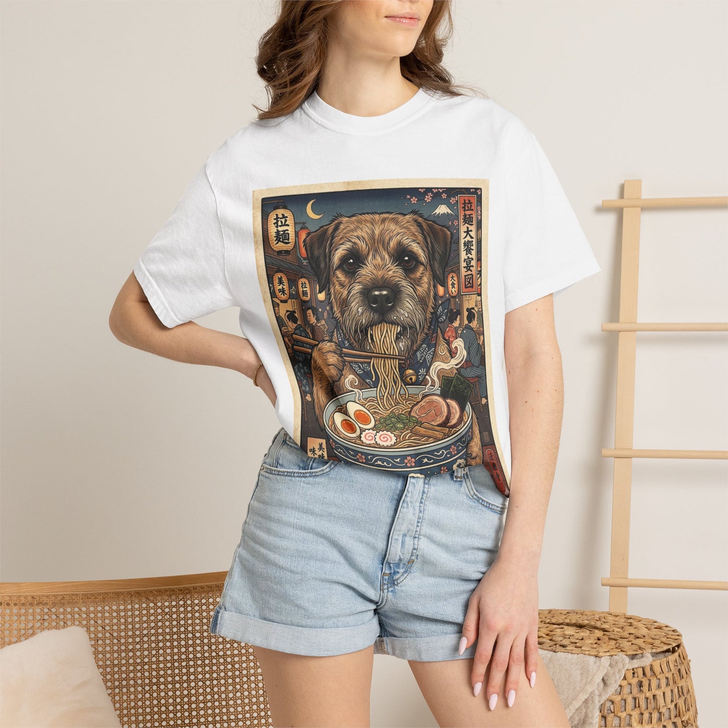 Border Terrier Dog Eating Ramen T-Shirt | Vintage Japanese Food Illustration