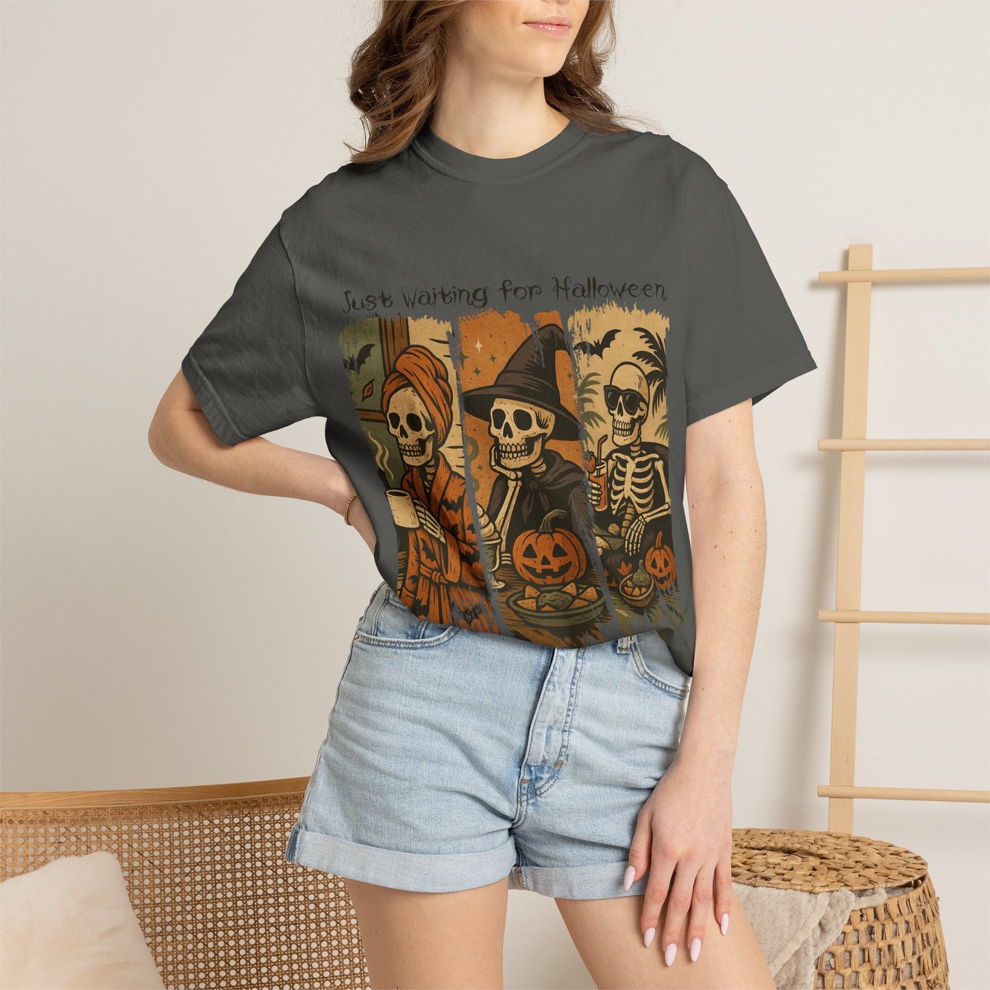 Skeleton Trio Just Waiting for Halloween T-shirt | Halloween Skull Pumpkin Tee