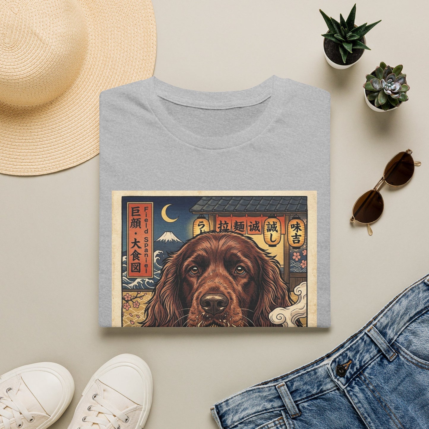 Field Spaniel Ramen Dog T-Shirt — Vintage Japanese-Inspired Dog & Ramen Illustration