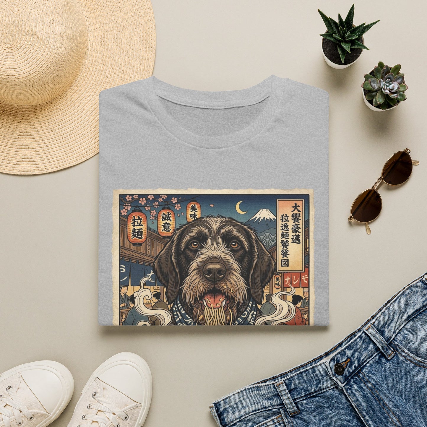German Wirehaired Pointer Ramen Shop T‑Shirt — Vintage Japanese Dog Illustration