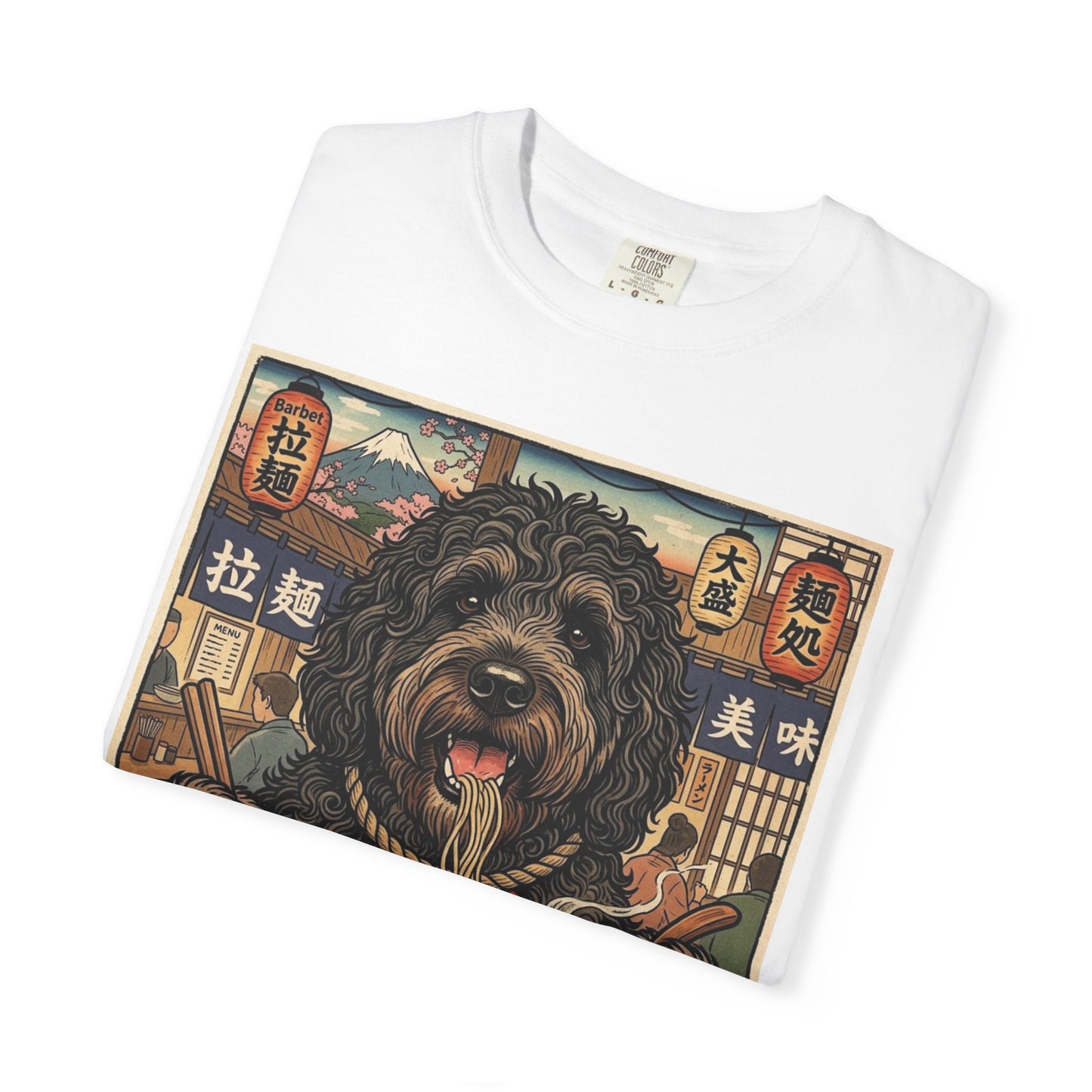 Barbet Dog Eating Ramen T-Shirt | Vintage Japanese Ramen Art