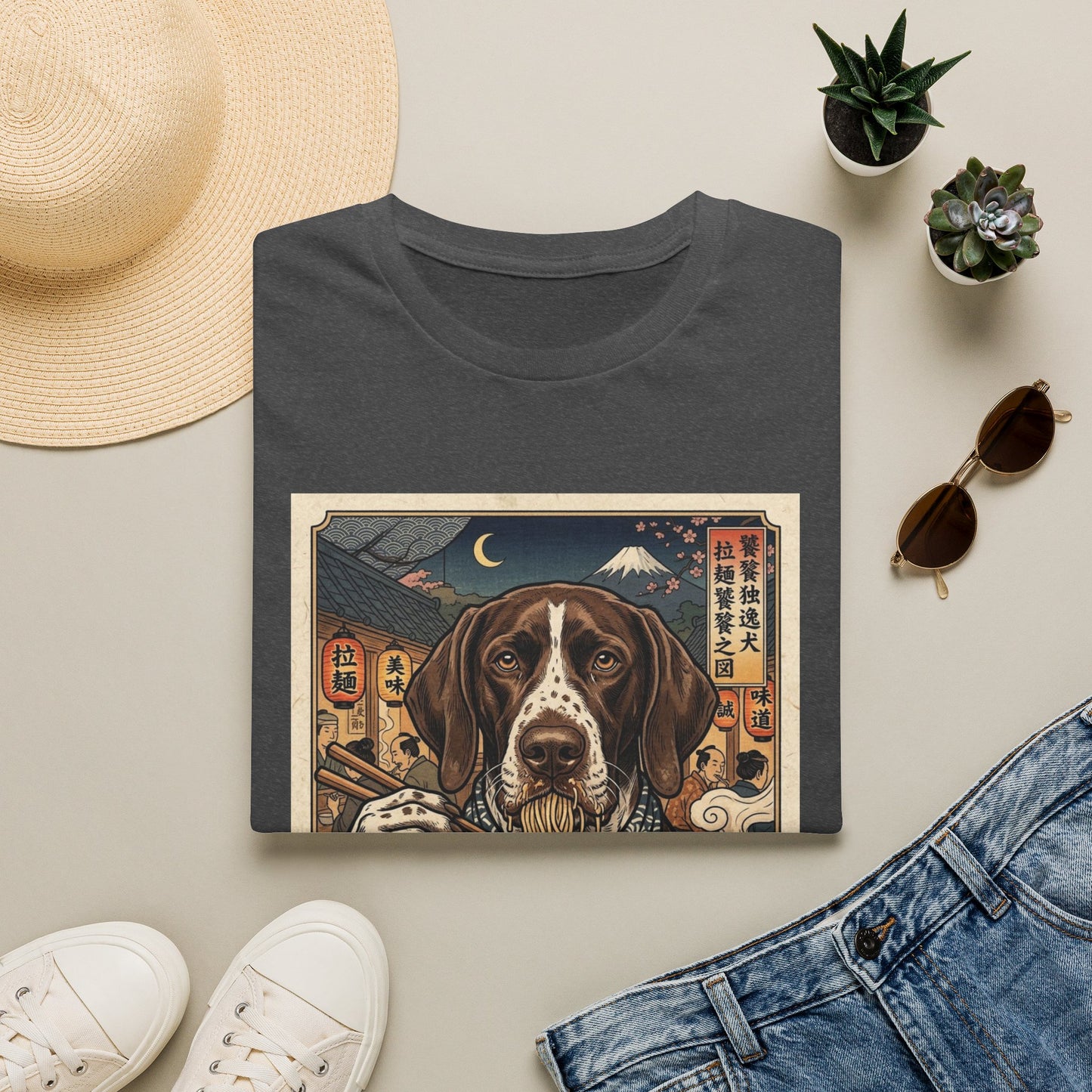 Japanese Ramen Dog T-Shirt — Retro Ukiyo-e Style Japanese Ramen Dog T-Shirt — Retro Ukiyo-e Style German Shorthaired Pointer Noodle Art Noodle Art