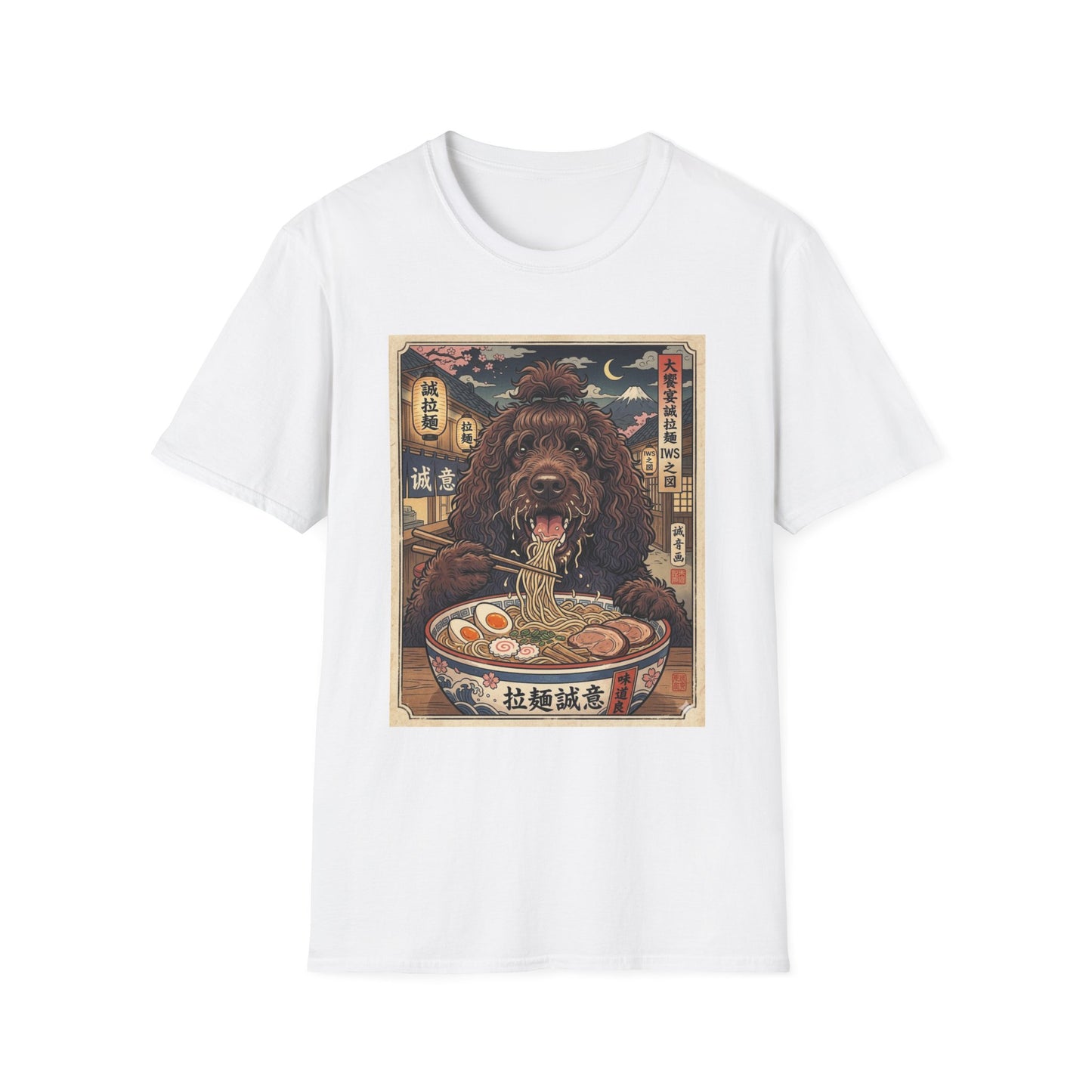 Ramen Irish Water Spaniel T-Shirt — Vintage Japanese Dog Eating Ramen Graphic Tee